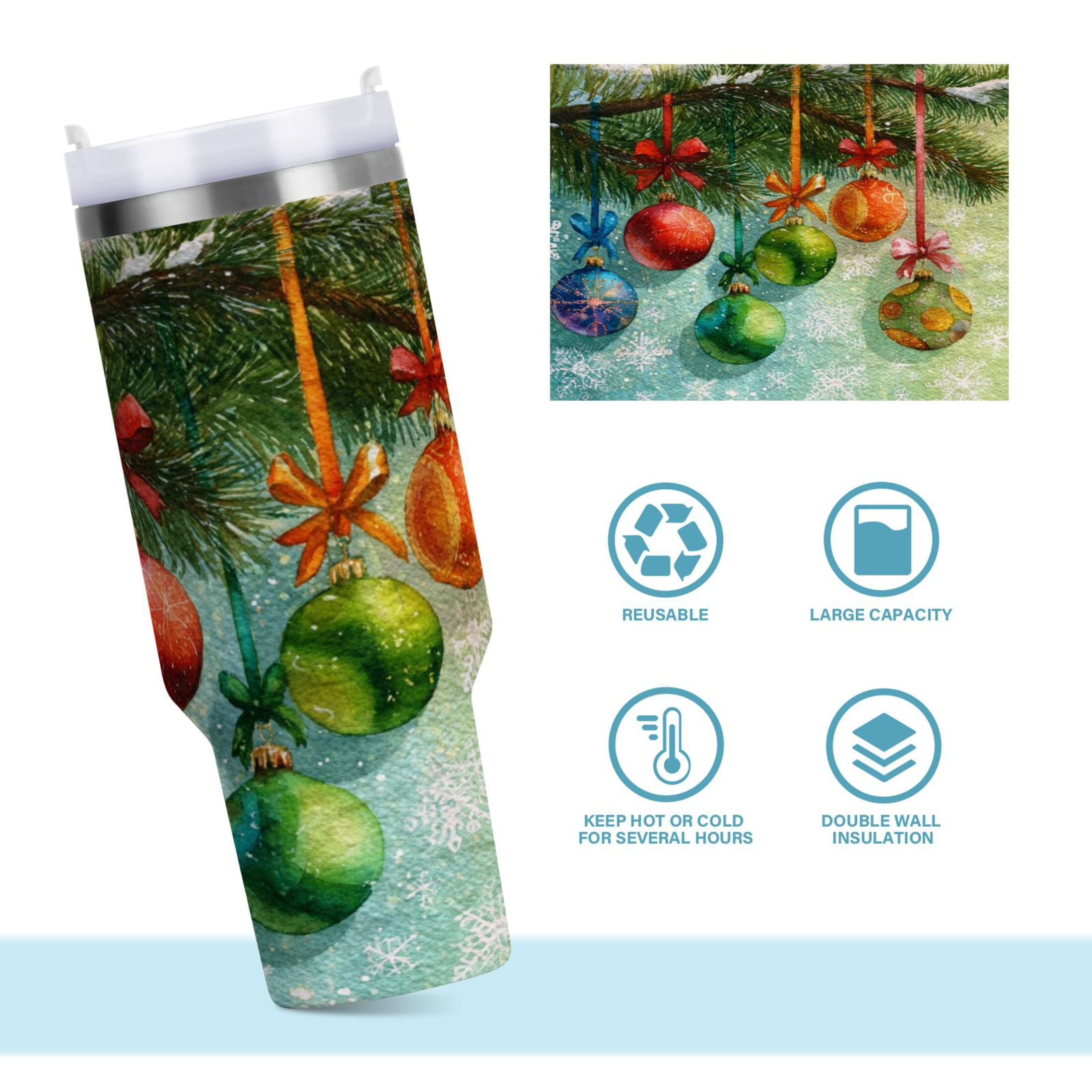 30 oz Insulated Stainless Steel Tumbler Double Wall Stainless Steel Tumbler with 2-Way Drinking Christmas Ornaments Watercolor Painting C639N