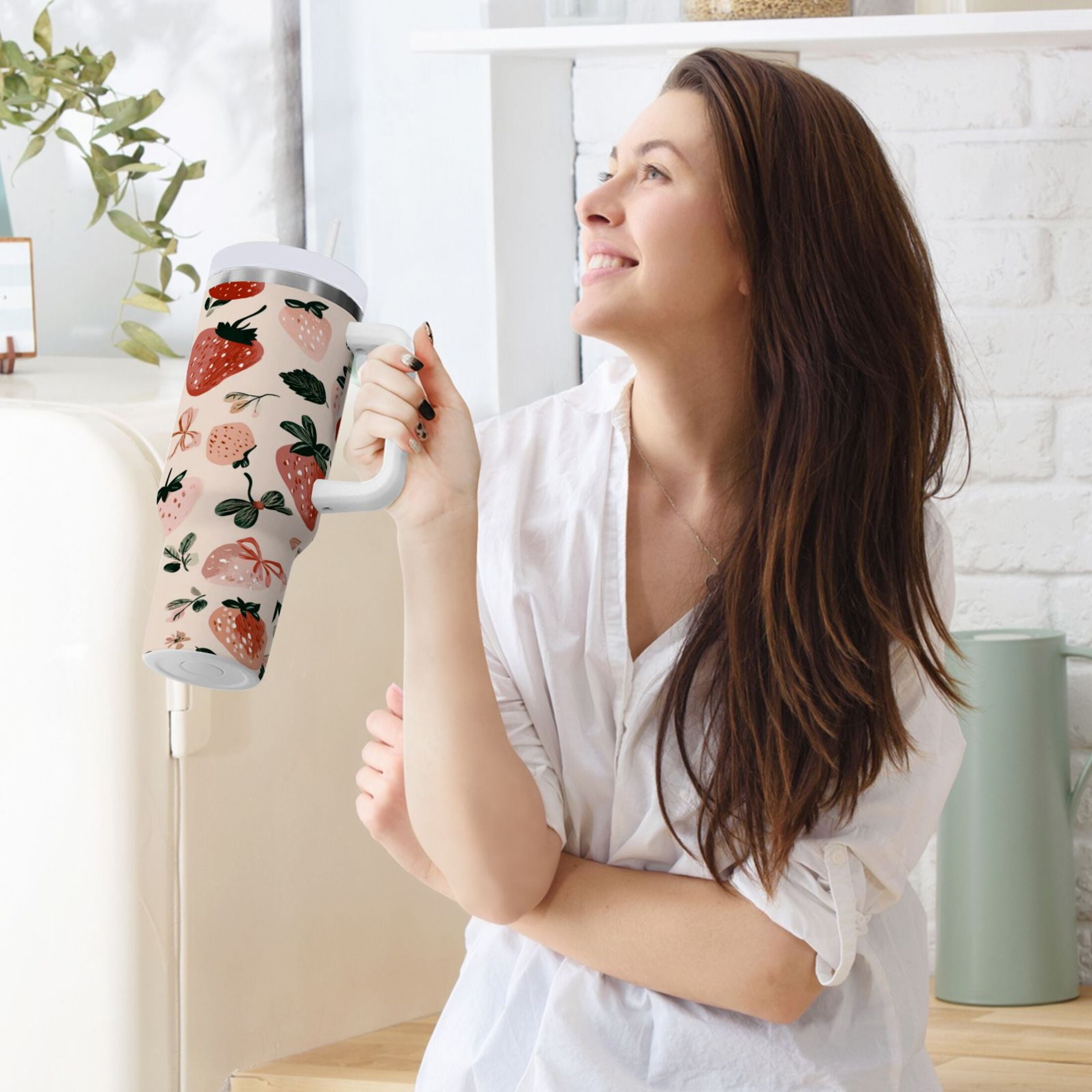 30 oz Insulated Stainless Steel Tumbler Double Wall Stainless Steel Tumbler with 2-Way Drinking Cute Pinks Strawberries C596J