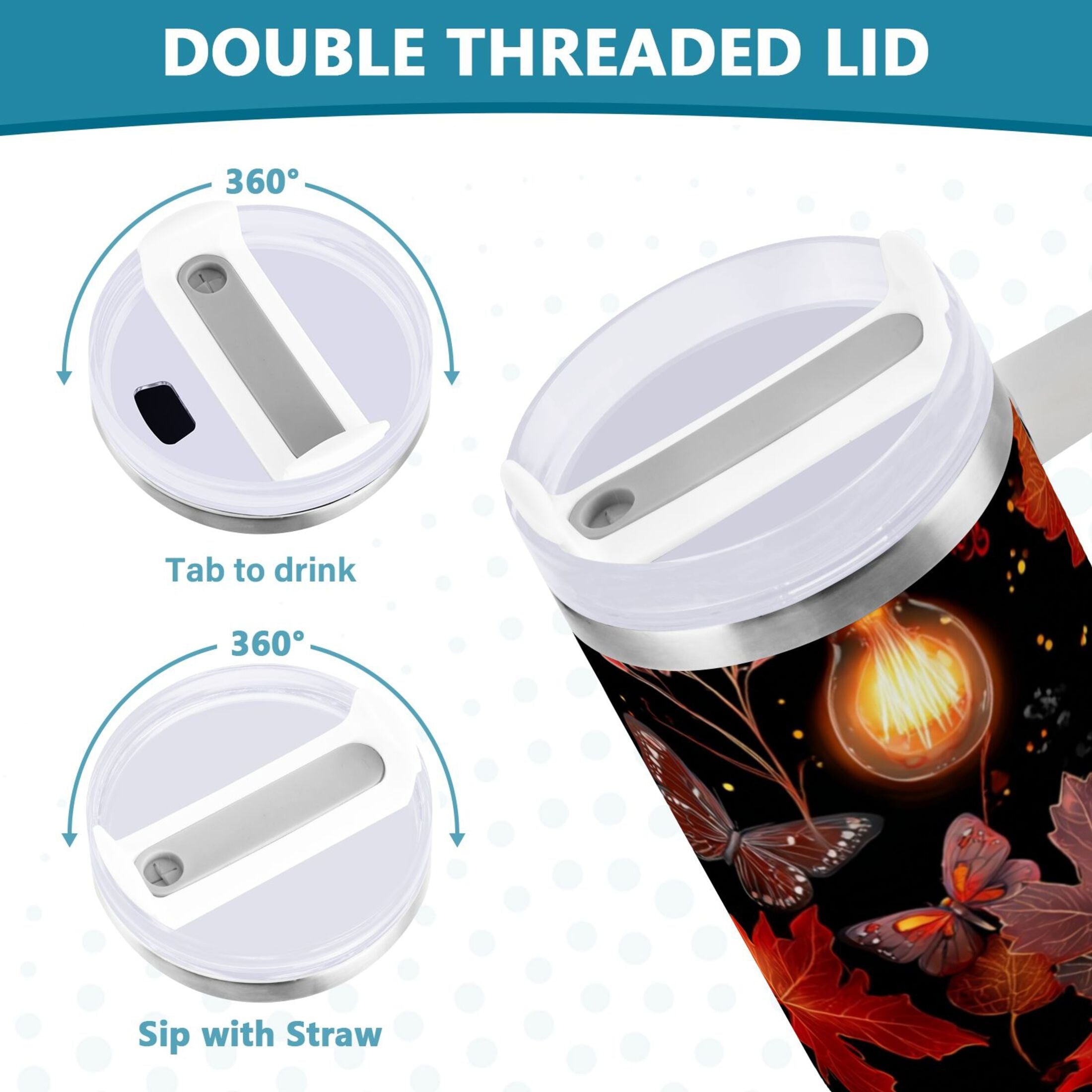 40 oz Insulated Stainless Steel Tumbler Double Wall Stainless Steel Tumbler with 2-Way Drinking Light Bulbs and Maple Leaves C534Y