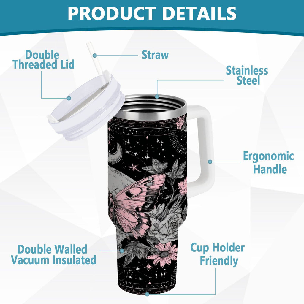 30 oz Insulated Stainless Steel Tumbler Double Wall Stainless Steel Tumbler with 2-Way Drinking Butterfly by Moon and Flowers C542G