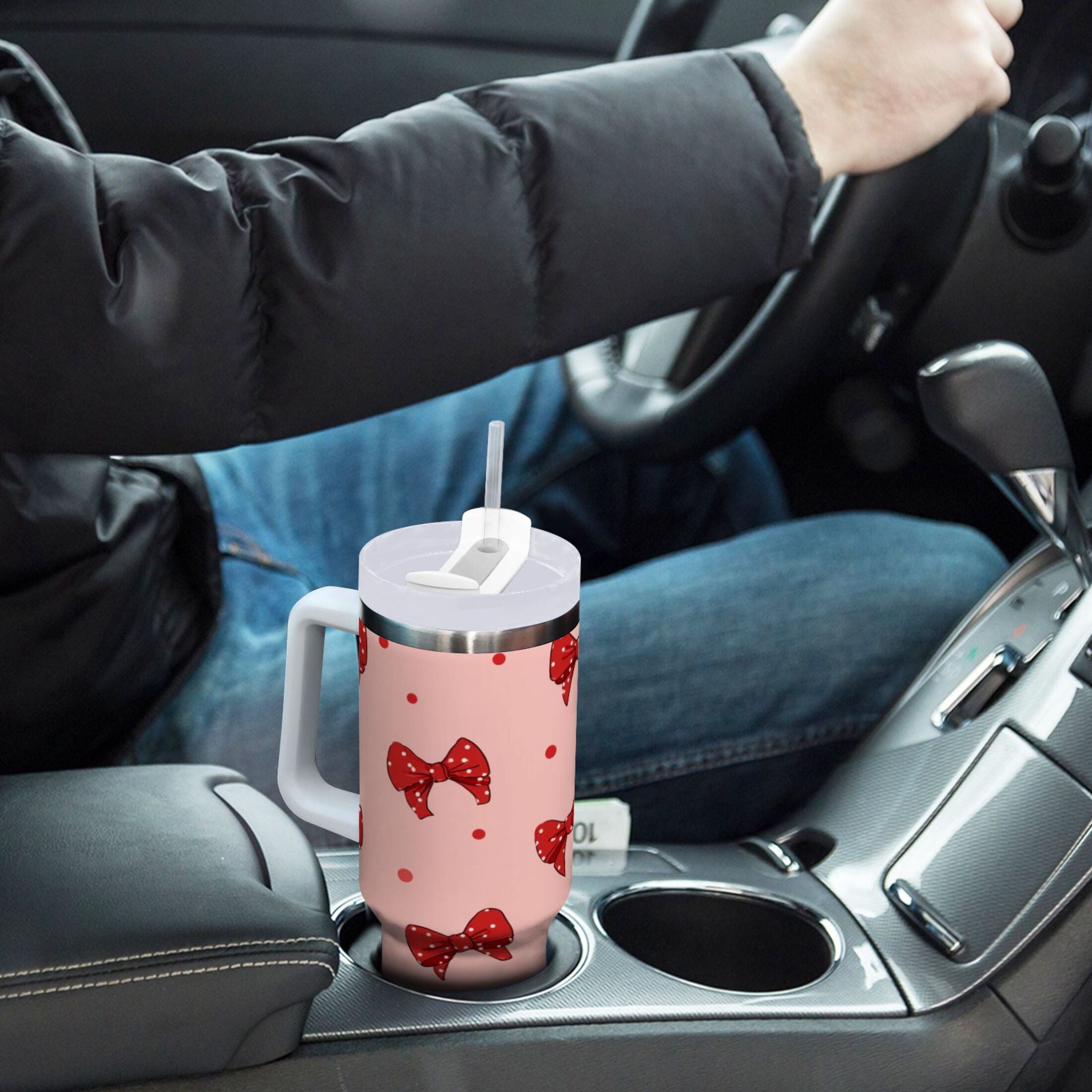 40 oz Insulated Stainless Steel Tumbler Double Wall Stainless Steel Tumbler with 2-Way Drinking Red Bows and Polka Dots C531M