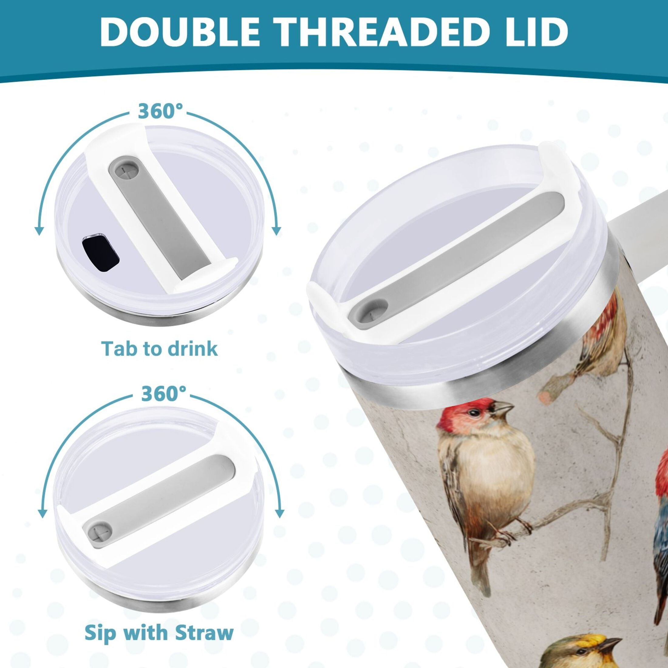 40 oz Insulated Stainless Steel Tumbler Double Wall Stainless Steel Tumbler with 2-Way Drinking Birds Pattern C612B