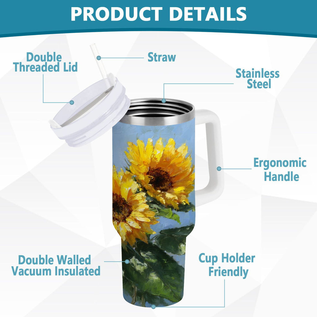 40 oz Insulated Stainless Steel Tumbler Double Wall Stainless Steel Tumbler with 2-Way Drinking Sunflowers Painting C611H