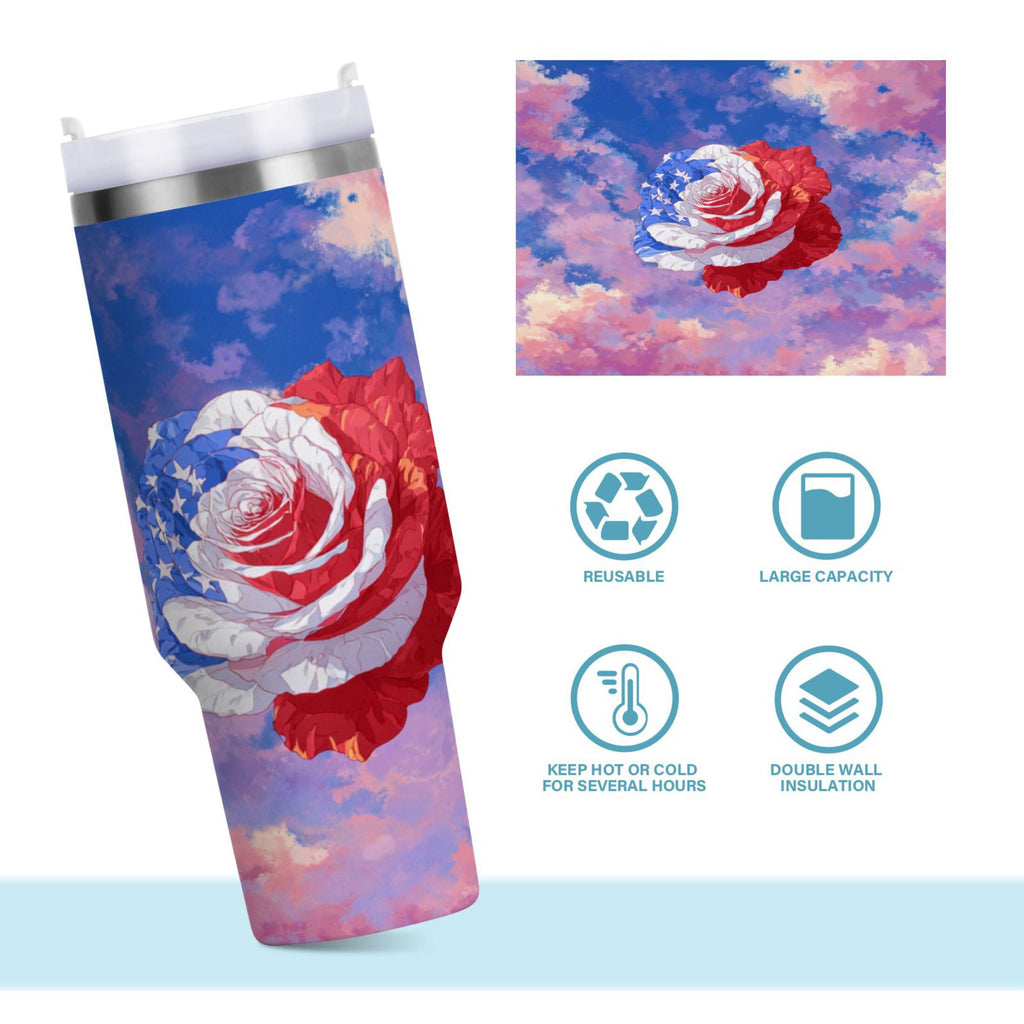30 oz Insulated Stainless Steel Tumbler Double Wall Stainless Steel Tumbler with 2-Way Drinking Rose with Flag Pattern C547K
