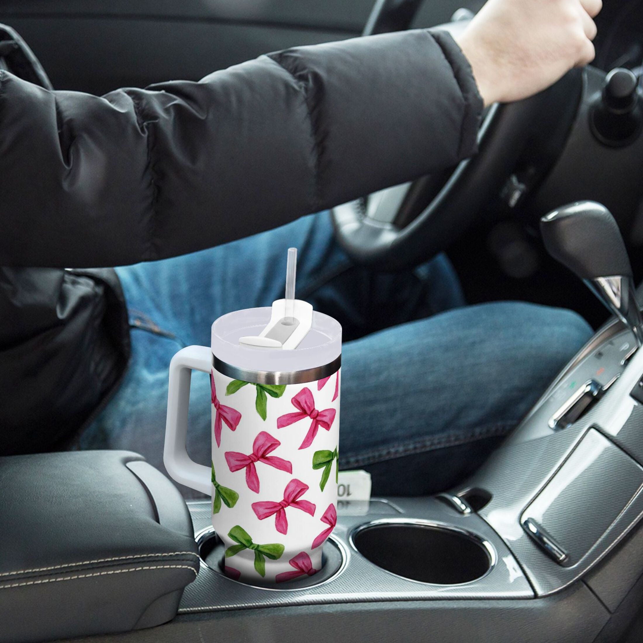 30 oz Insulated Stainless Steel Tumbler Double Wall Stainless Steel Tumbler with 2-Way Drinking Pink Bows and Green Ribbons C649T