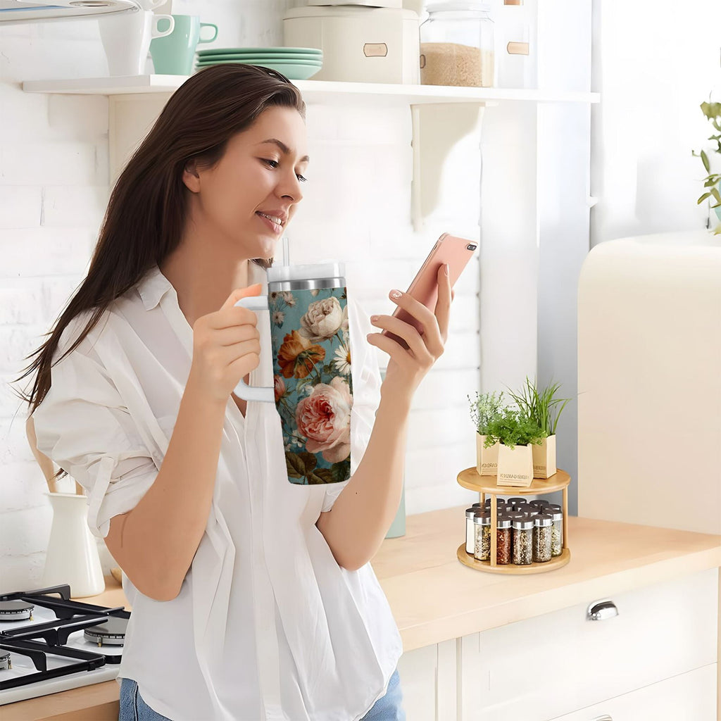 30 oz Insulated Stainless Steel Tumbler Double Wall Stainless Steel Tumbler with 2-Way Drinking Vintage Roses and Peonies C667C