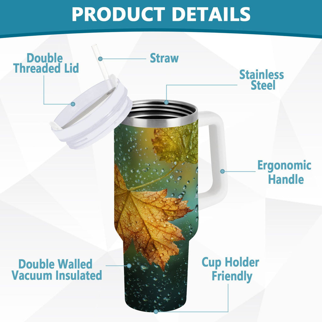 30 oz Insulated Stainless Steel Tumbler Double Wall Stainless Steel Tumbler with 2-Way Drinking Leaves with Water Droplets C500K