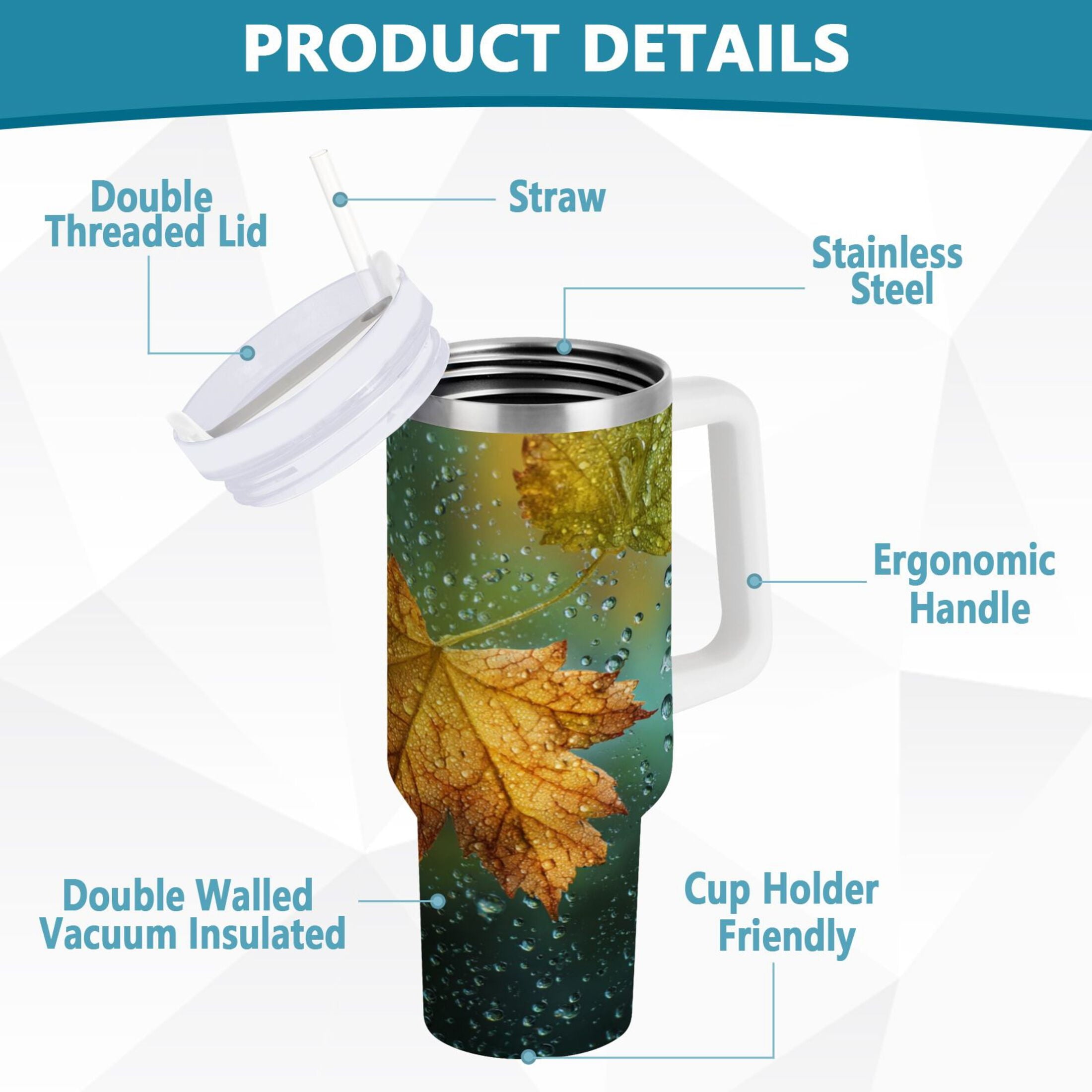 30 oz Insulated Stainless Steel Tumbler Double Wall Stainless Steel Tumbler with 2-Way Drinking Leaves with Water Droplets C500K