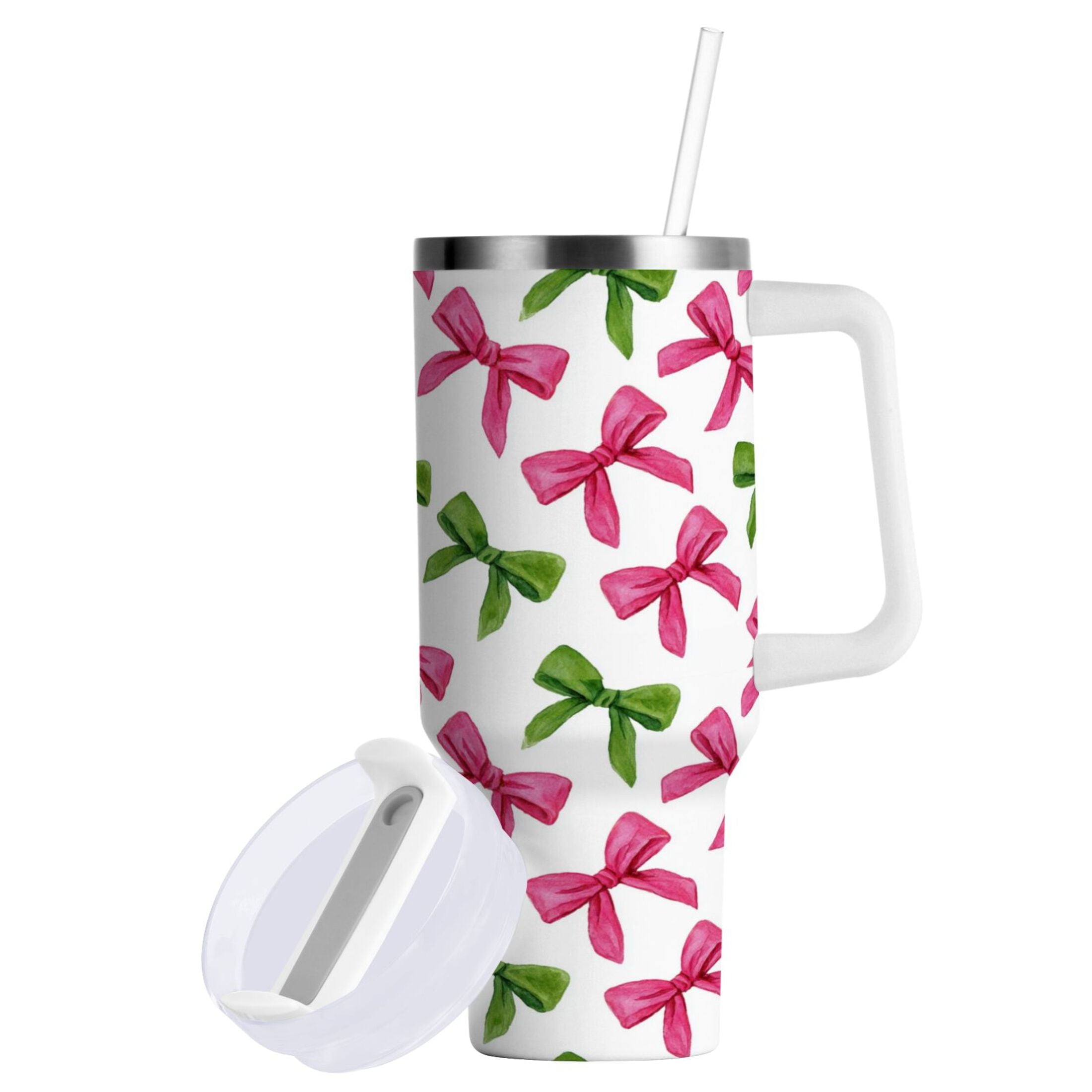 30 oz Insulated Stainless Steel Tumbler Double Wall Stainless Steel Tumbler with 2-Way Drinking Pink Bows and Green Ribbons C649T