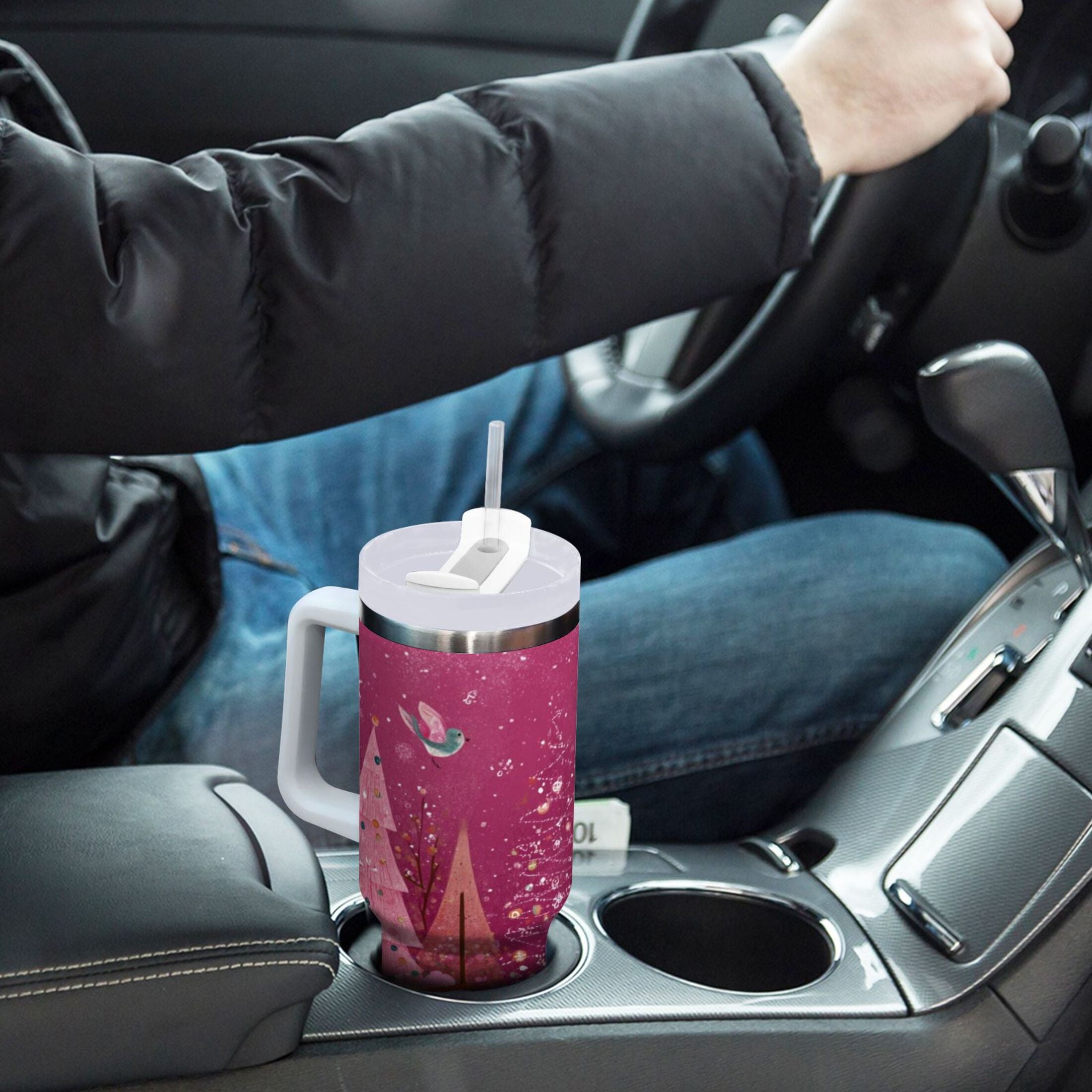 40 oz Insulated Stainless Steel Tumbler Double Wall Stainless Steel Tumbler with 2-Way Drinking Pink Christmas Forest C512J