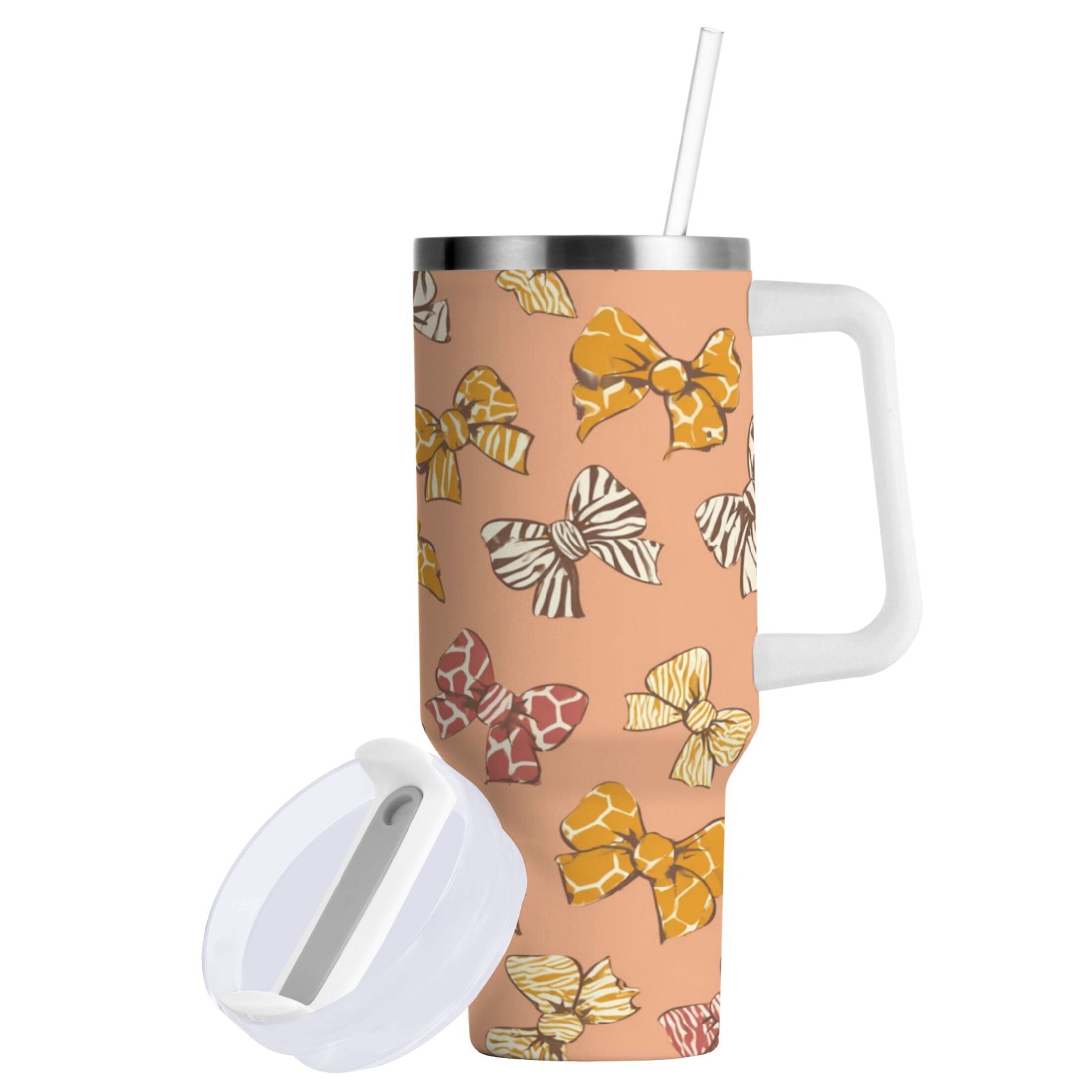 40 oz Insulated Stainless Steel Tumbler Double Wall Stainless Steel Tumbler with 2-Way Drinking Cute Animal Print Bows C678W