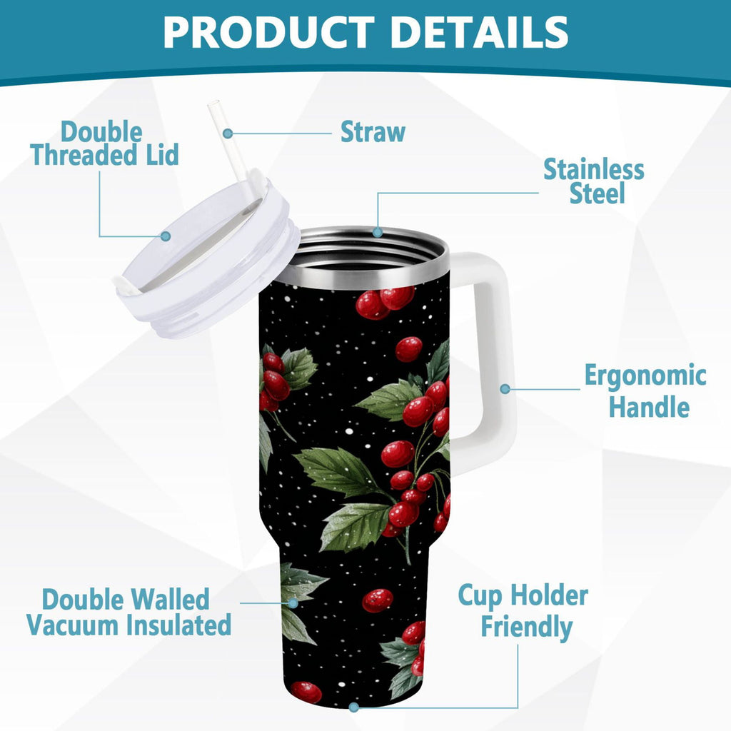 40 oz Insulated Stainless Steel Tumbler Double Wall Stainless Steel Tumbler with 2-Way Drinking Red Holly Berries Pattern C652Q