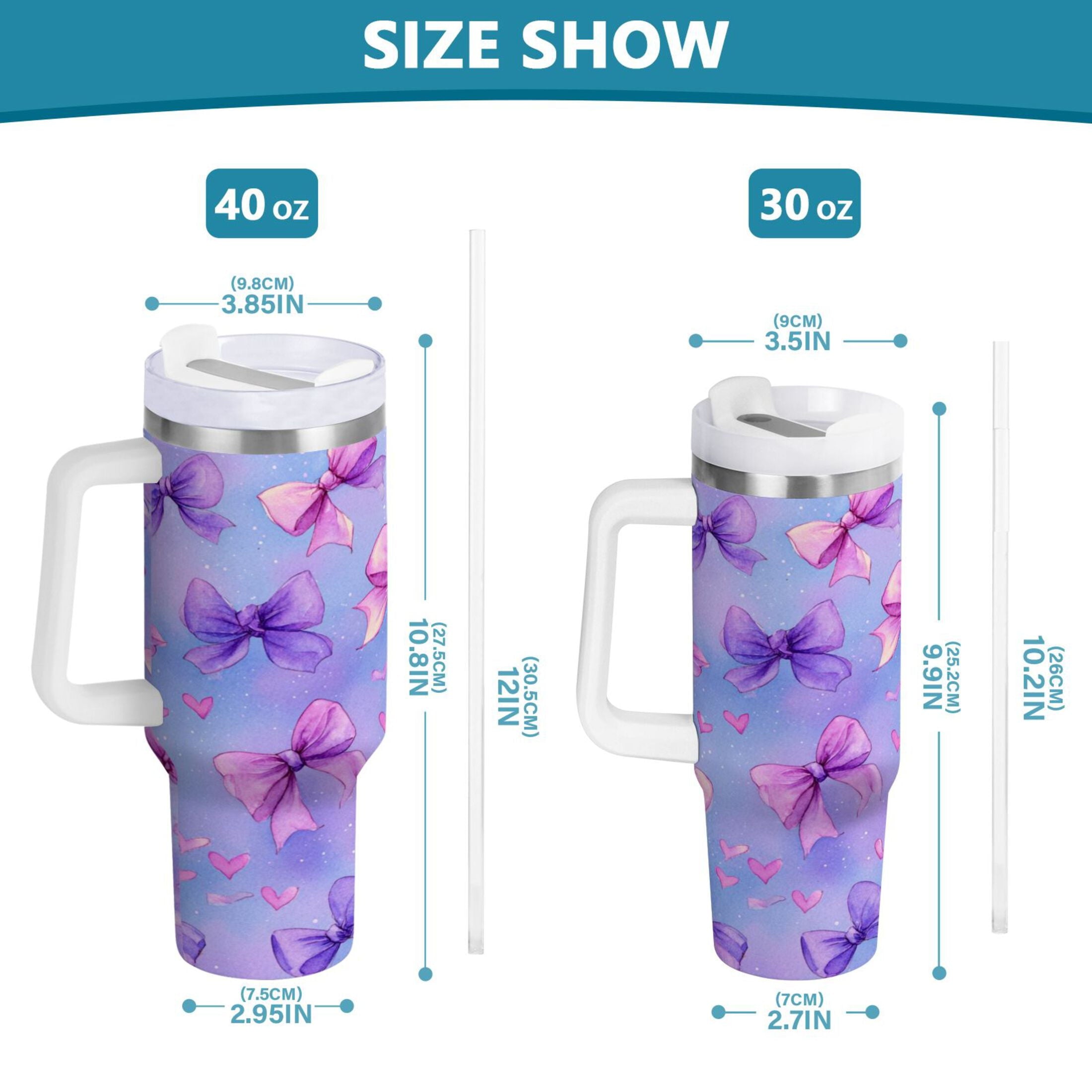 30 oz Insulated Stainless Steel Tumbler Double Wall Stainless Steel Tumbler with 2-Way Drinking Watercolor Bows Pattern C627L