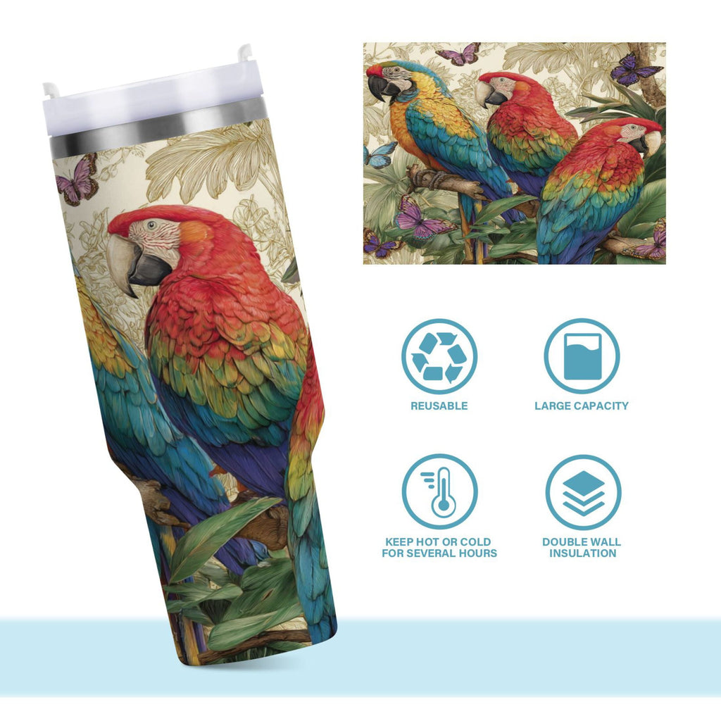 30 oz Insulated Stainless Steel Tumbler Double Wall Stainless Steel Tumbler with 2-Way Drinking Colorful Beautiful Parrots C520E