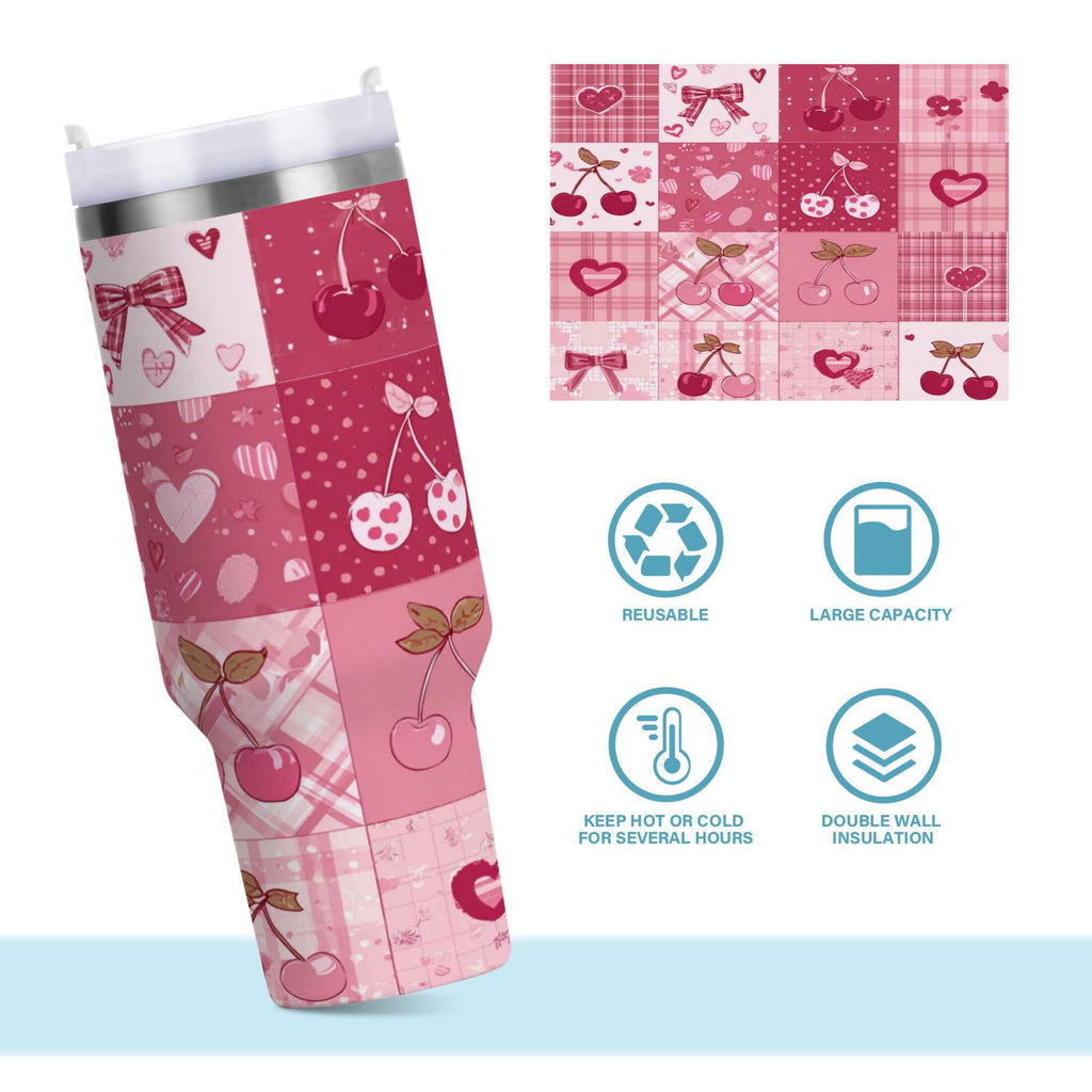 30 oz Insulated Stainless Steel Tumbler Double Wall Stainless Steel Tumbler with 2-Way Drinking Cherry Pattern with Bows C634D