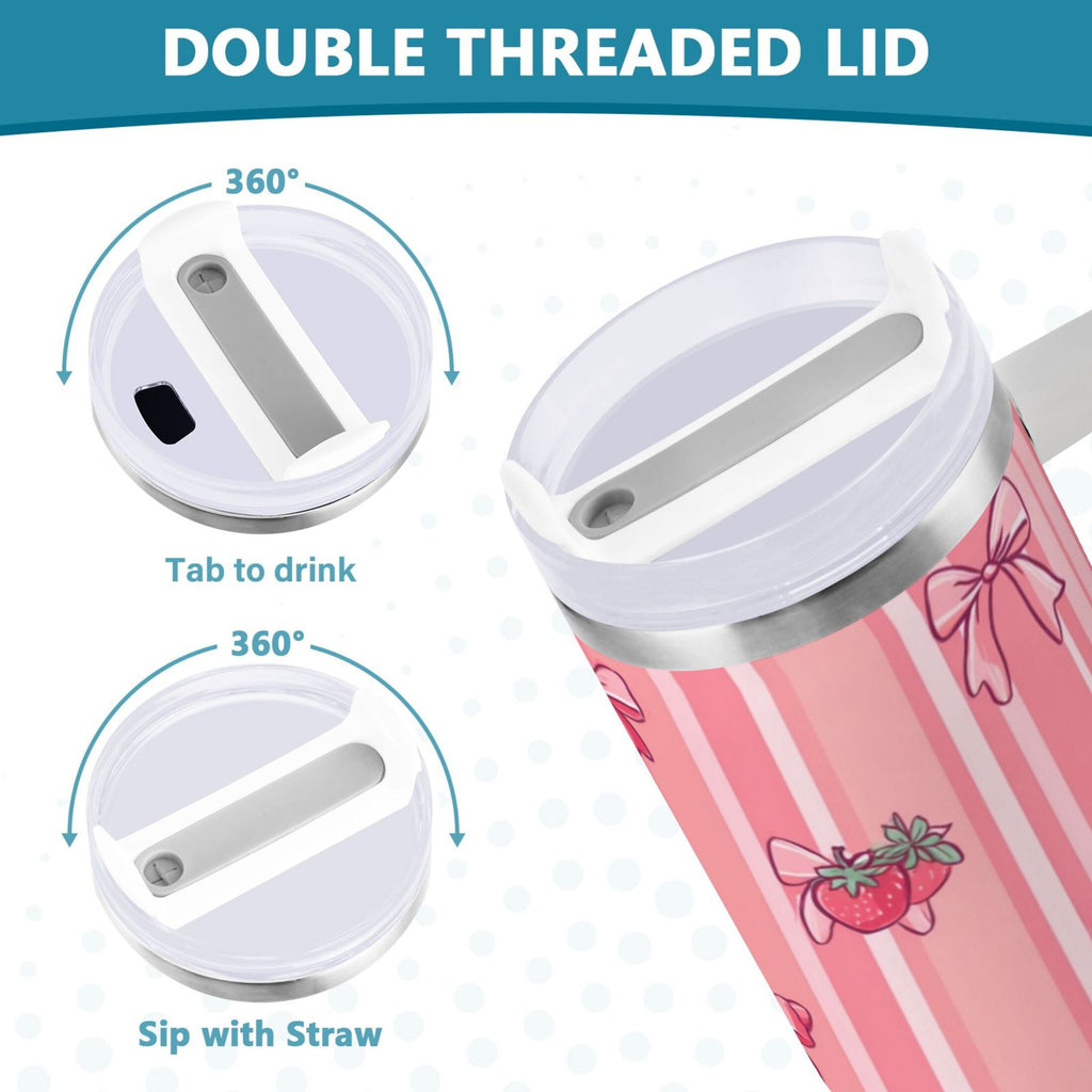30 oz Insulated Stainless Steel Tumbler Double Wall Stainless Steel Tumbler with 2-Way Drinking Pink Bows and Strawberries C628N