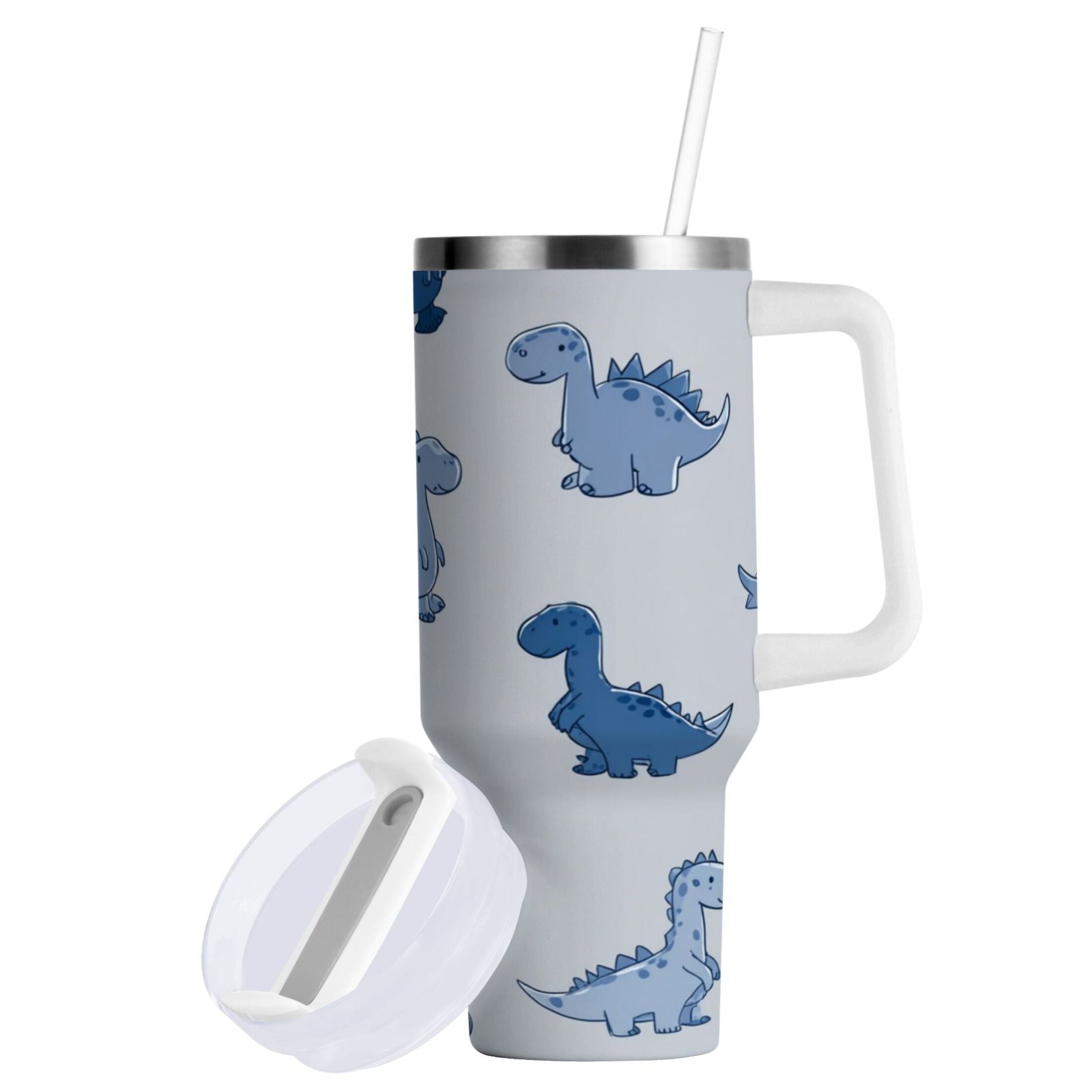 30 oz Insulated Stainless Steel Tumbler Double Wall Stainless Steel Tumbler with 2-Way Drinking Cute Blue Dinosaurs C580T