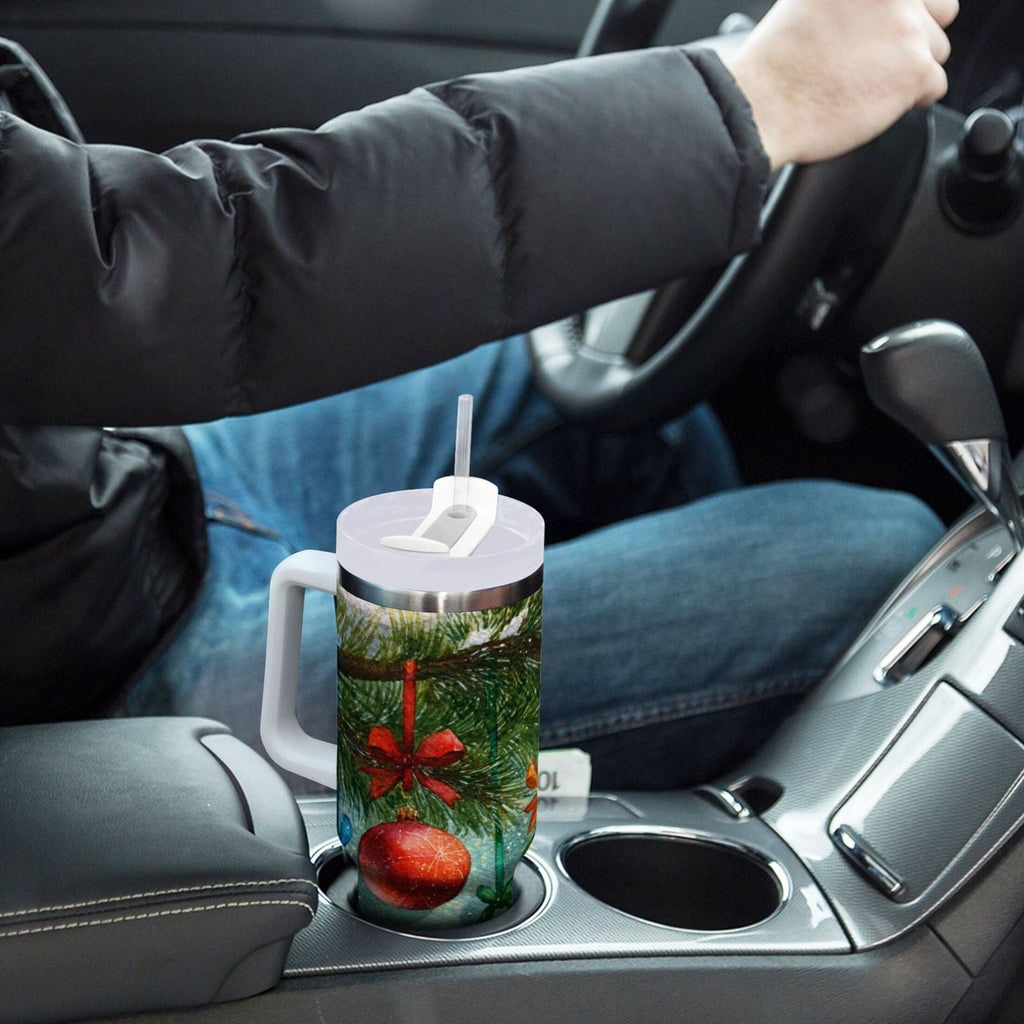 30 oz Insulated Stainless Steel Tumbler Double Wall Stainless Steel Tumbler with 2-Way Drinking Christmas Ornaments Watercolor Painting C639N