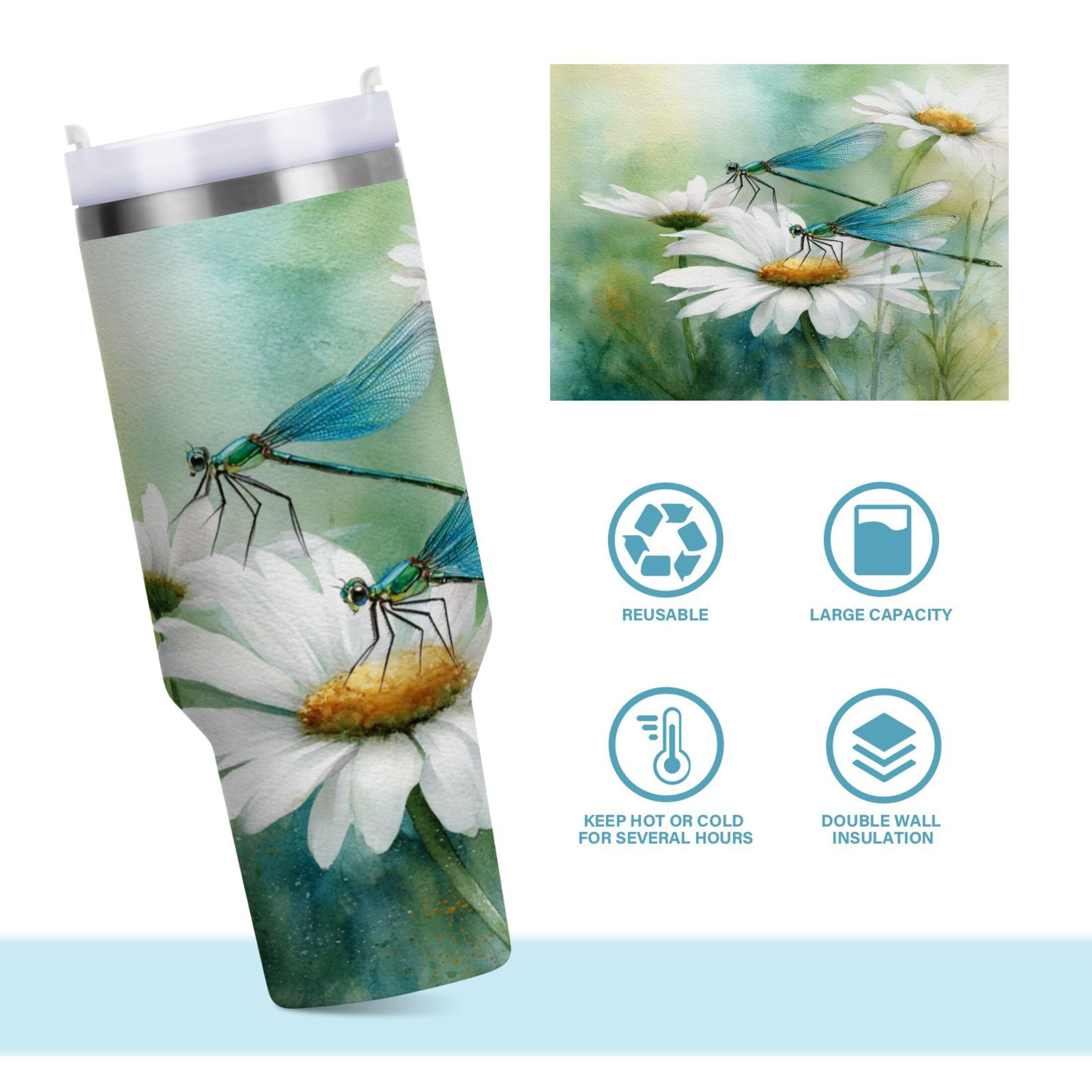 30 oz Insulated Stainless Steel Tumbler Double Wall Stainless Steel Tumbler with 2-Way Drinking Beautiful Dragonflies and Daisies C638G