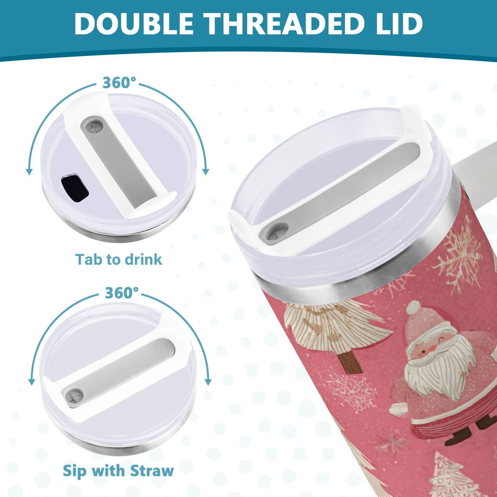 40 oz Insulated Stainless Steel Tumbler Double Wall Stainless Steel Tumbler with 2-Way Drinking Pink Santa Claus Pattern C527W
