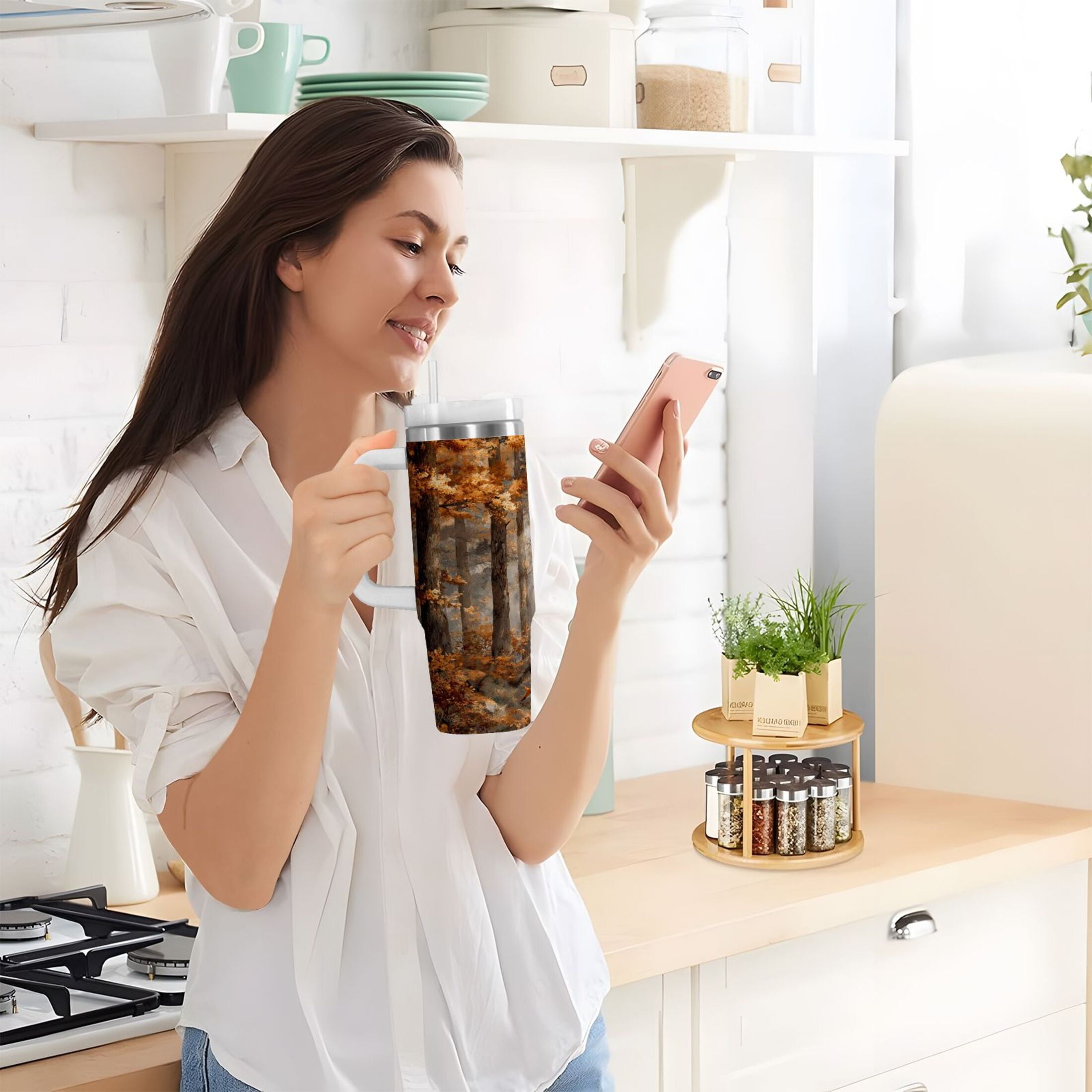 30 oz Insulated Stainless Steel Tumbler Double Wall Stainless Steel Tumbler with 2-Way Drinking Beautiful Autumn Forest C556S