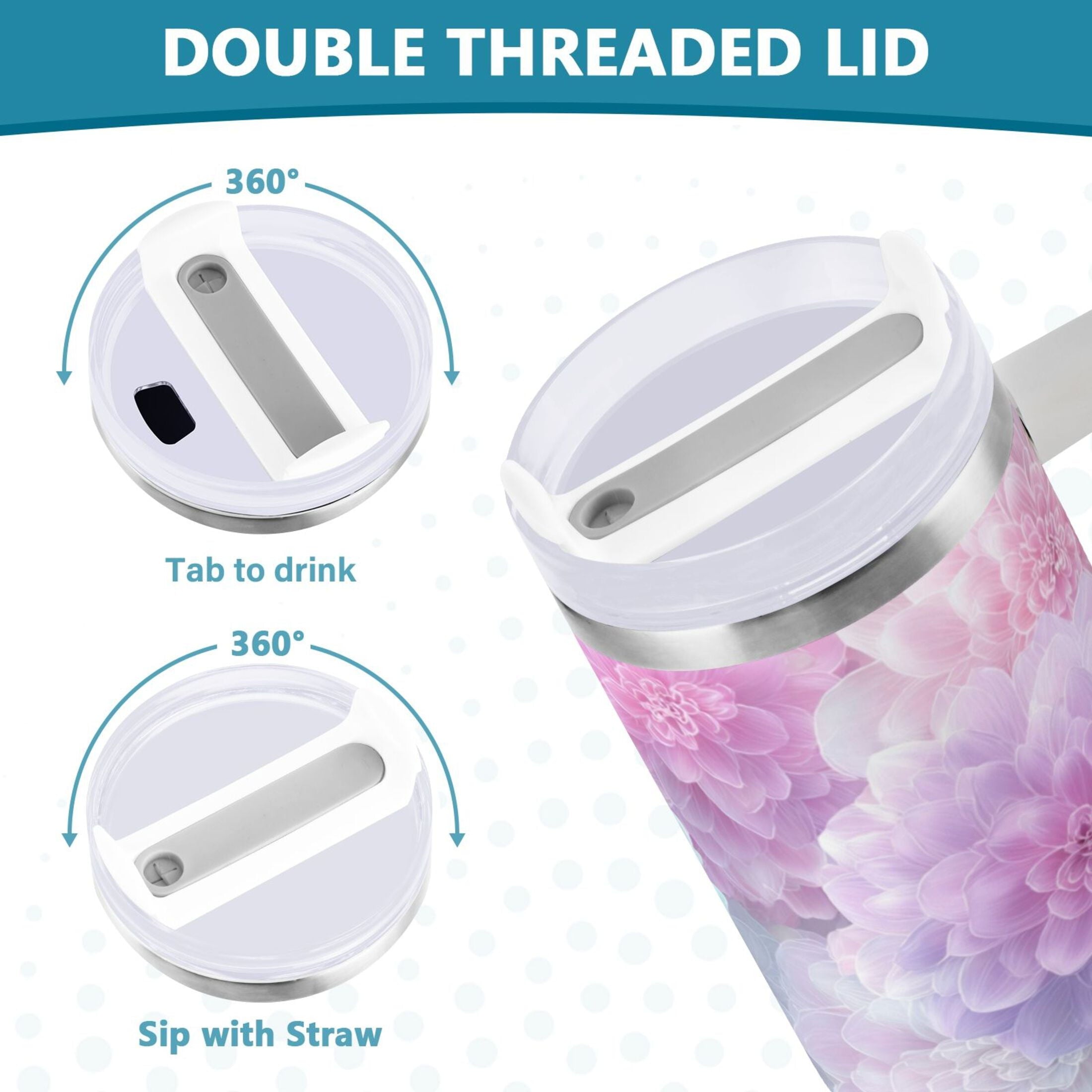 30 oz Insulated Stainless Steel Tumbler Double Wall Stainless Steel Tumbler with 2-Way Drinking Cute Pastel Watercolor Floral C578A