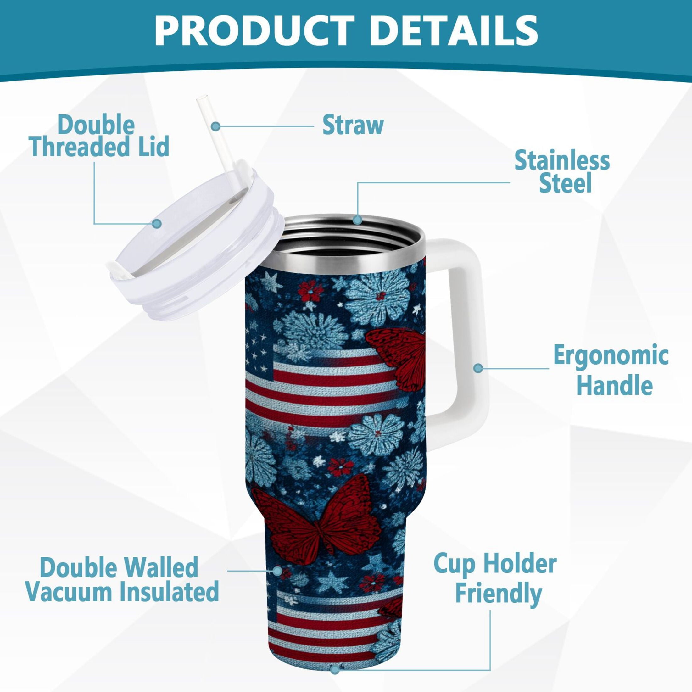 30 oz Insulated Stainless Steel Tumbler Double Wall Stainless Steel Tumbler with 2-Way Drinking Red Butterflies and Flags C621U