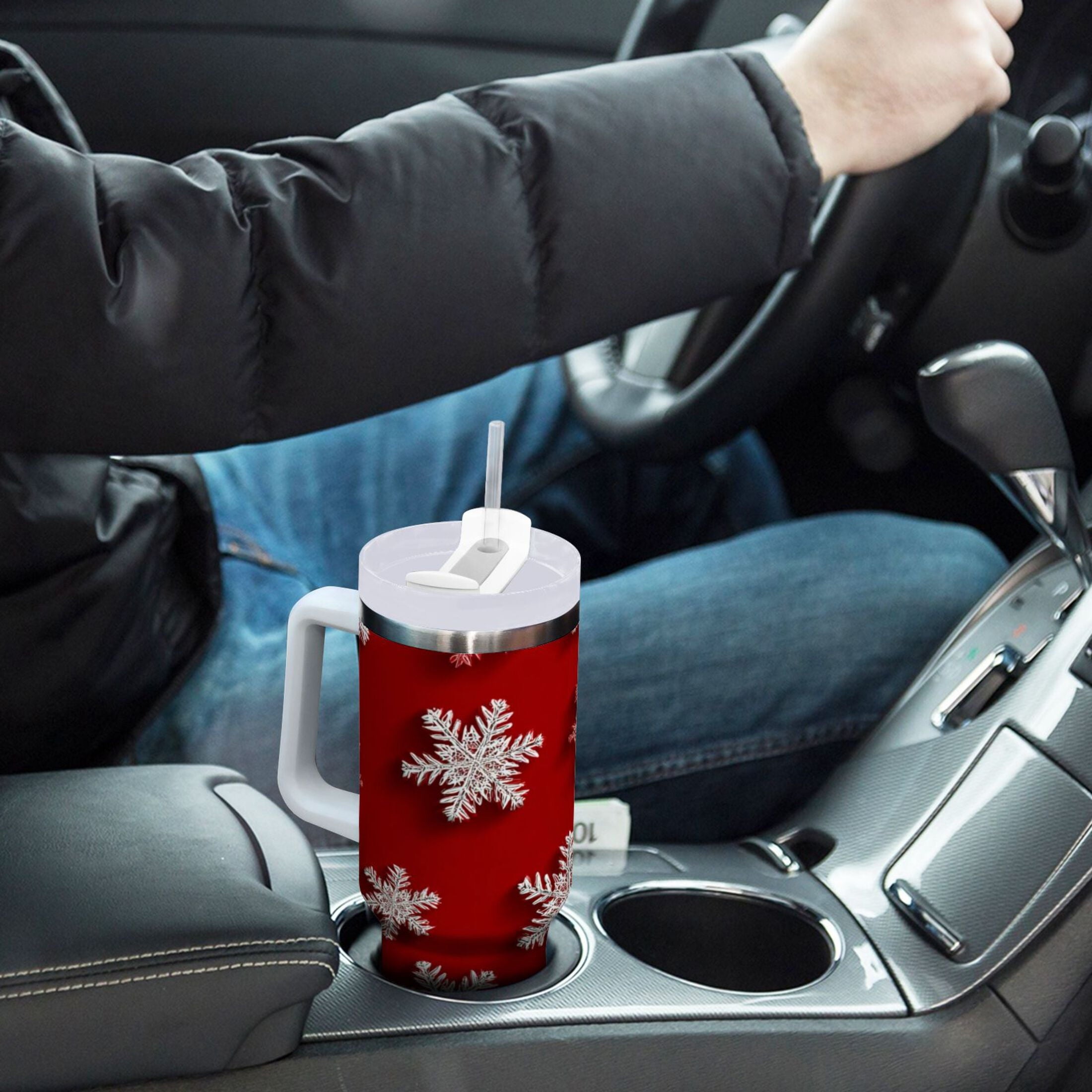 30 oz Insulated Stainless Steel Tumbler Double Wall Stainless Steel Tumbler with 2-Way Drinking Red and White Snowflakes C554W
