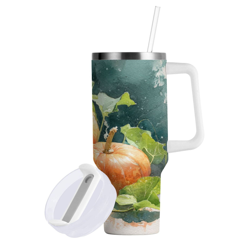 40 oz Insulated Stainless Steel Tumbler Double Wall Stainless Steel Tumbler with 2-Way Drinking Orange and White Pumpkins C535W