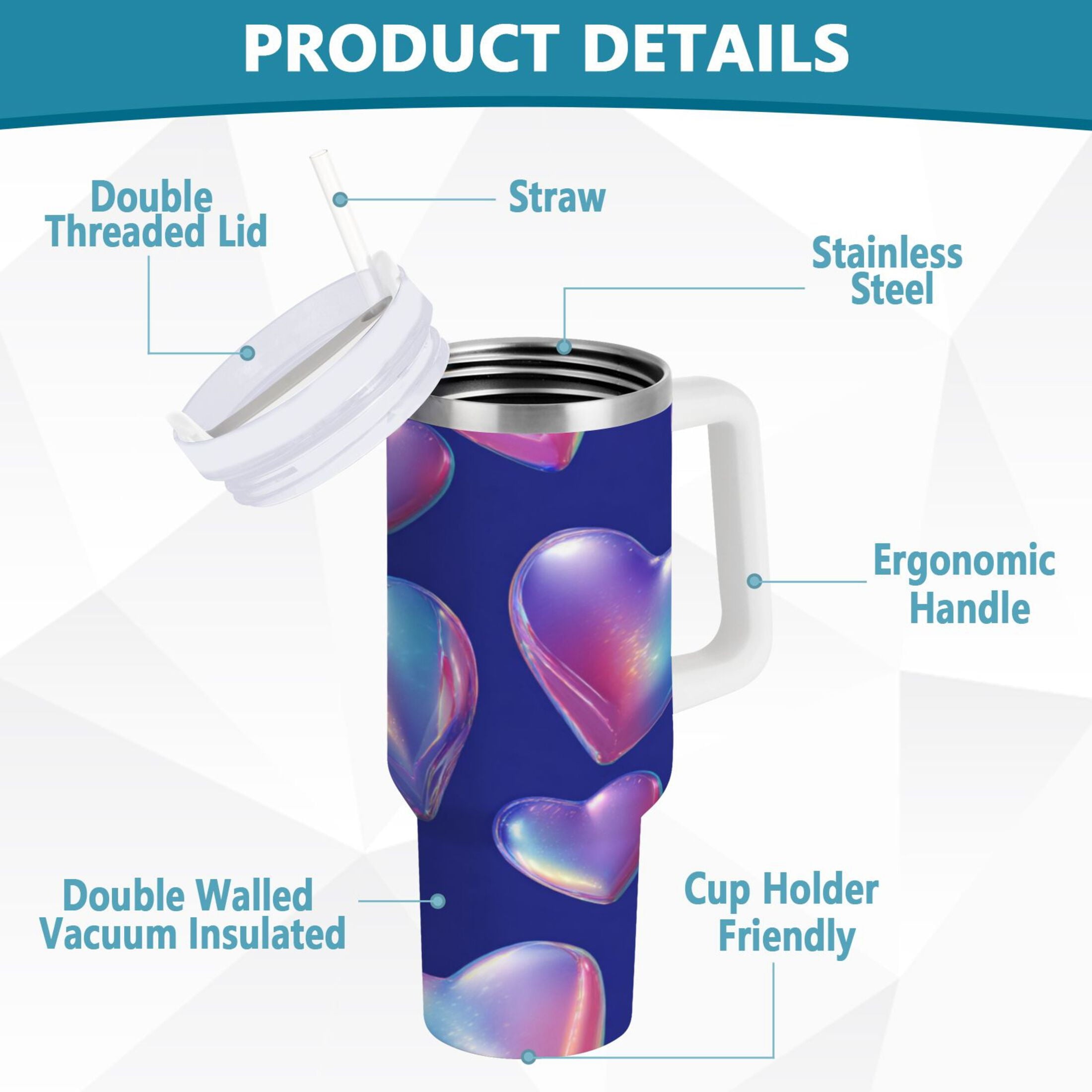 30 oz Insulated Stainless Steel Tumbler Double Wall Stainless Steel Tumbler with 2-Way Drinking Pink-purple Hearts C508Y