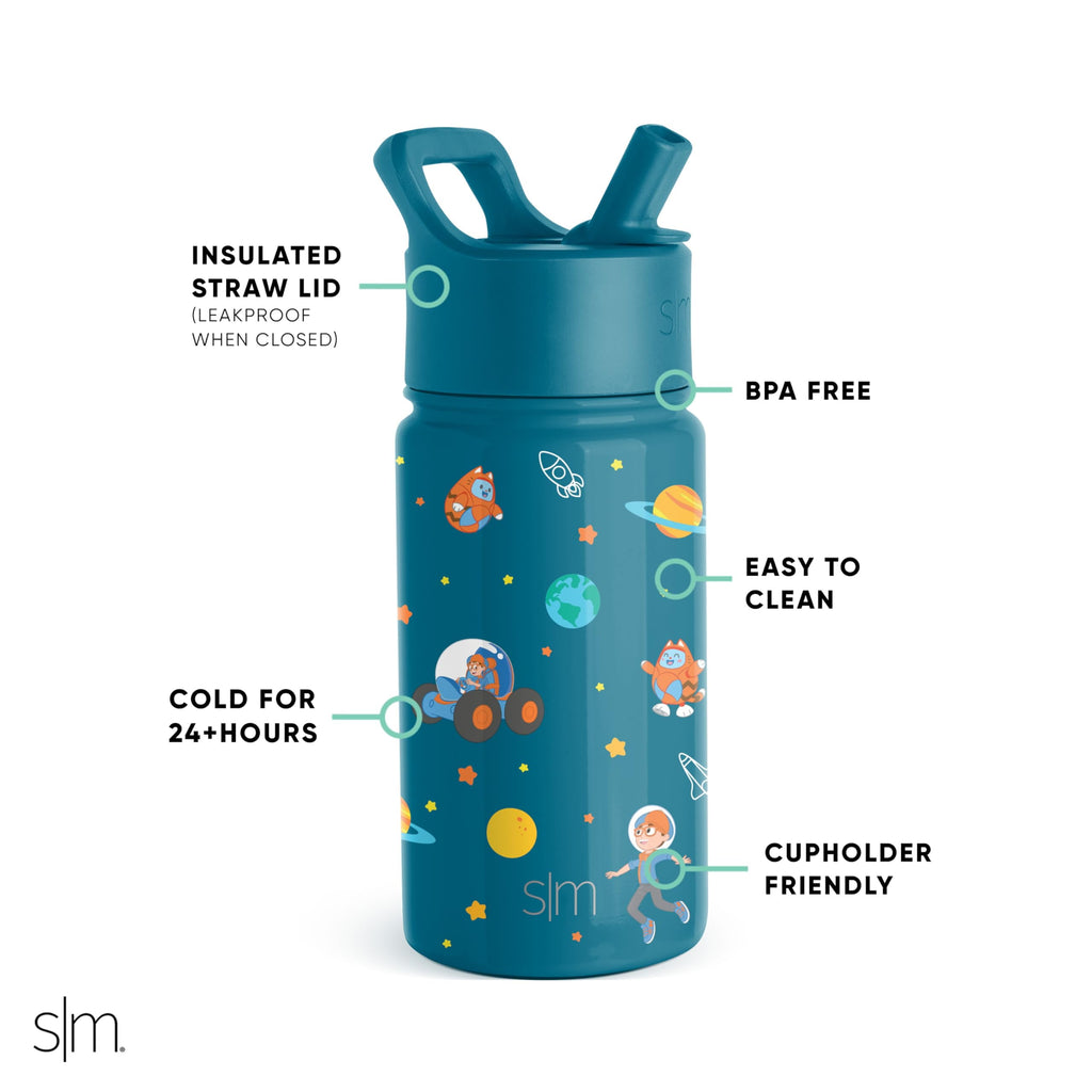 Simple Modern Blippi Kids Water Bottle with Straw Lid | Insulated Stainless Steel Reusable Tumbler for Toddlers, Girls | Summit Collection | 14oz, Blippi Space C689B