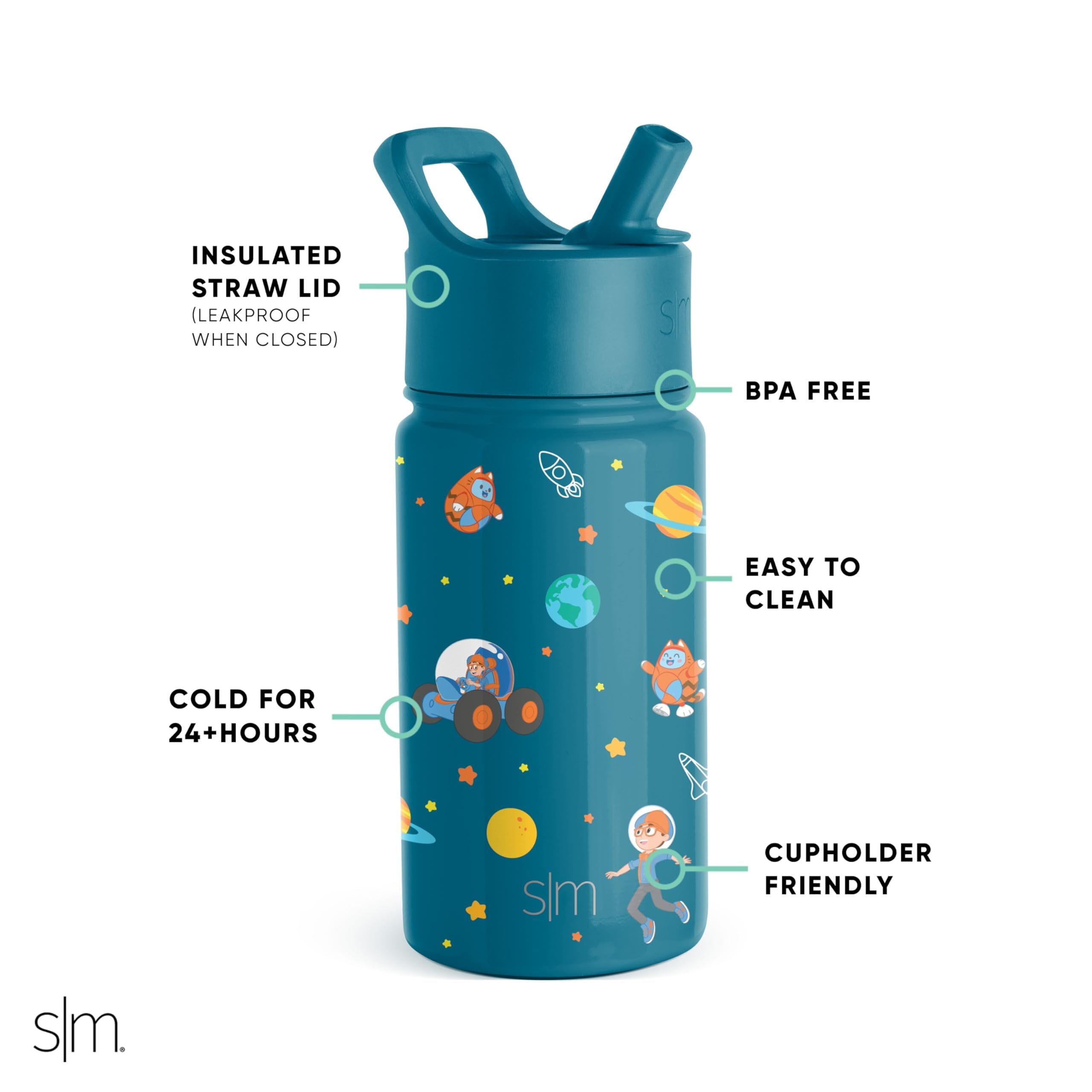 Simple Modern Blippi Kids Water Bottle with Straw Lid | Insulated Stainless Steel Reusable Tumbler for Toddlers, Girls | Summit Collection | 14oz, Blippi Space C689B