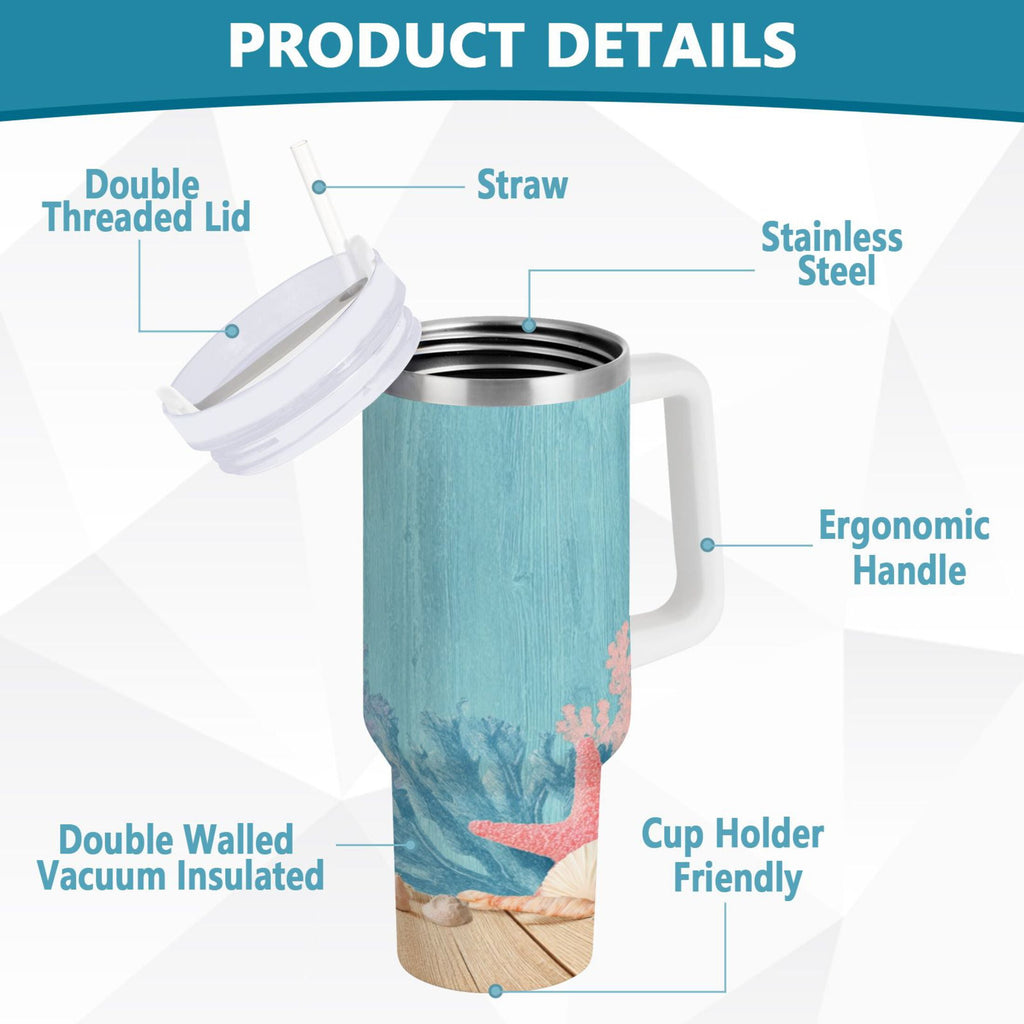 40 oz Insulated Stainless Steel Tumbler Double Wall Stainless Steel Tumbler with 2-Way Drinking Colorful Starfish and Seashells C636R