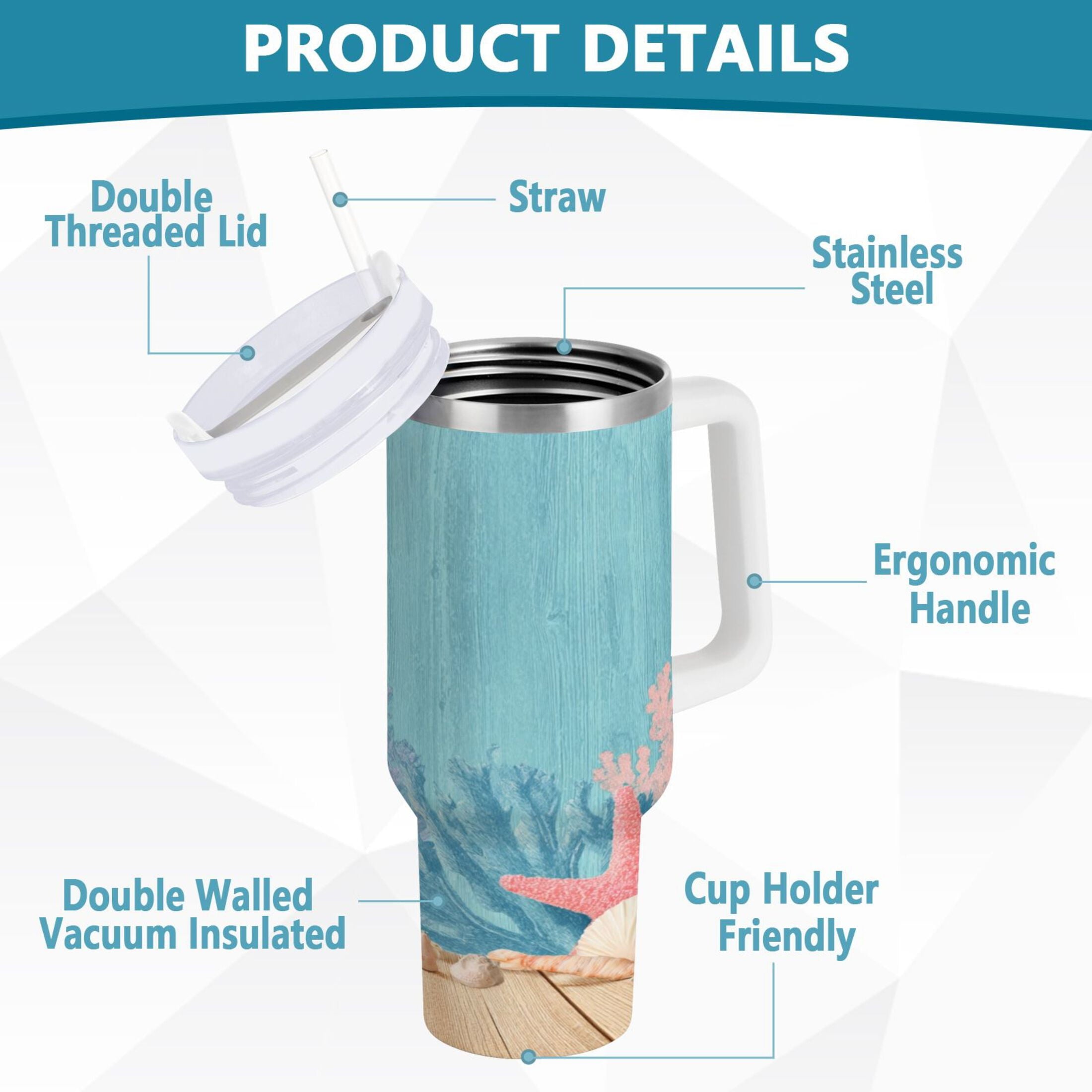 40 oz Insulated Stainless Steel Tumbler Double Wall Stainless Steel Tumbler with 2-Way Drinking Colorful Starfish and Seashells C636R
