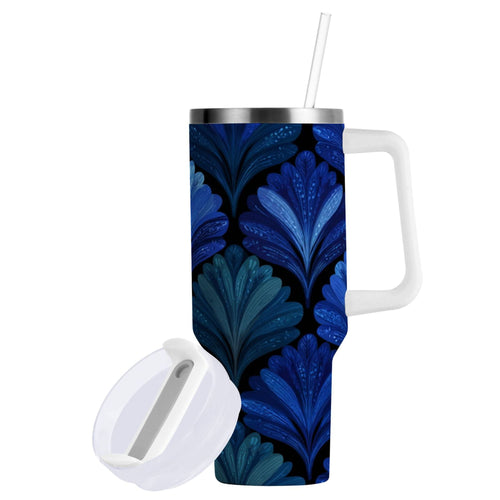 30 oz Insulated Stainless Steel Tumbler Double Wall Stainless Steel Tumbler with 2-Way Drinking Blue Batik Leaves Pattern C525W