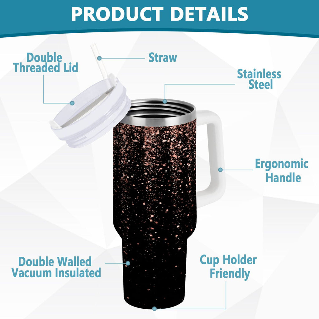 40 oz Insulated Stainless Steel Tumbler Double Wall Stainless Steel Tumbler with 2-Way Drinking Rose Gold Glitter C589Q
