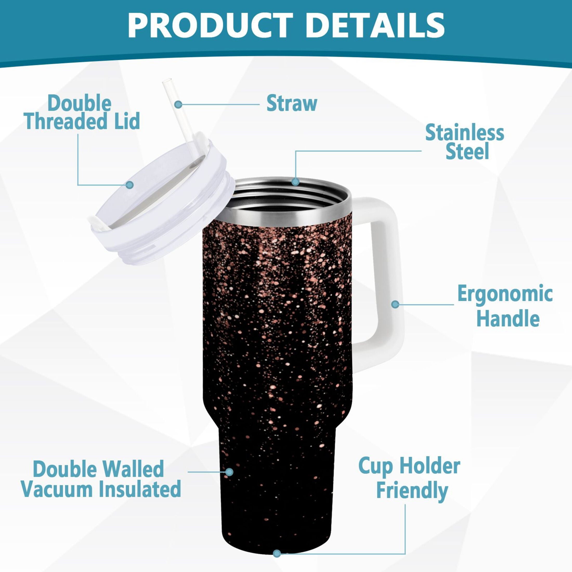 40 oz Insulated Stainless Steel Tumbler Double Wall Stainless Steel Tumbler with 2-Way Drinking Rose Gold Glitter C589Q