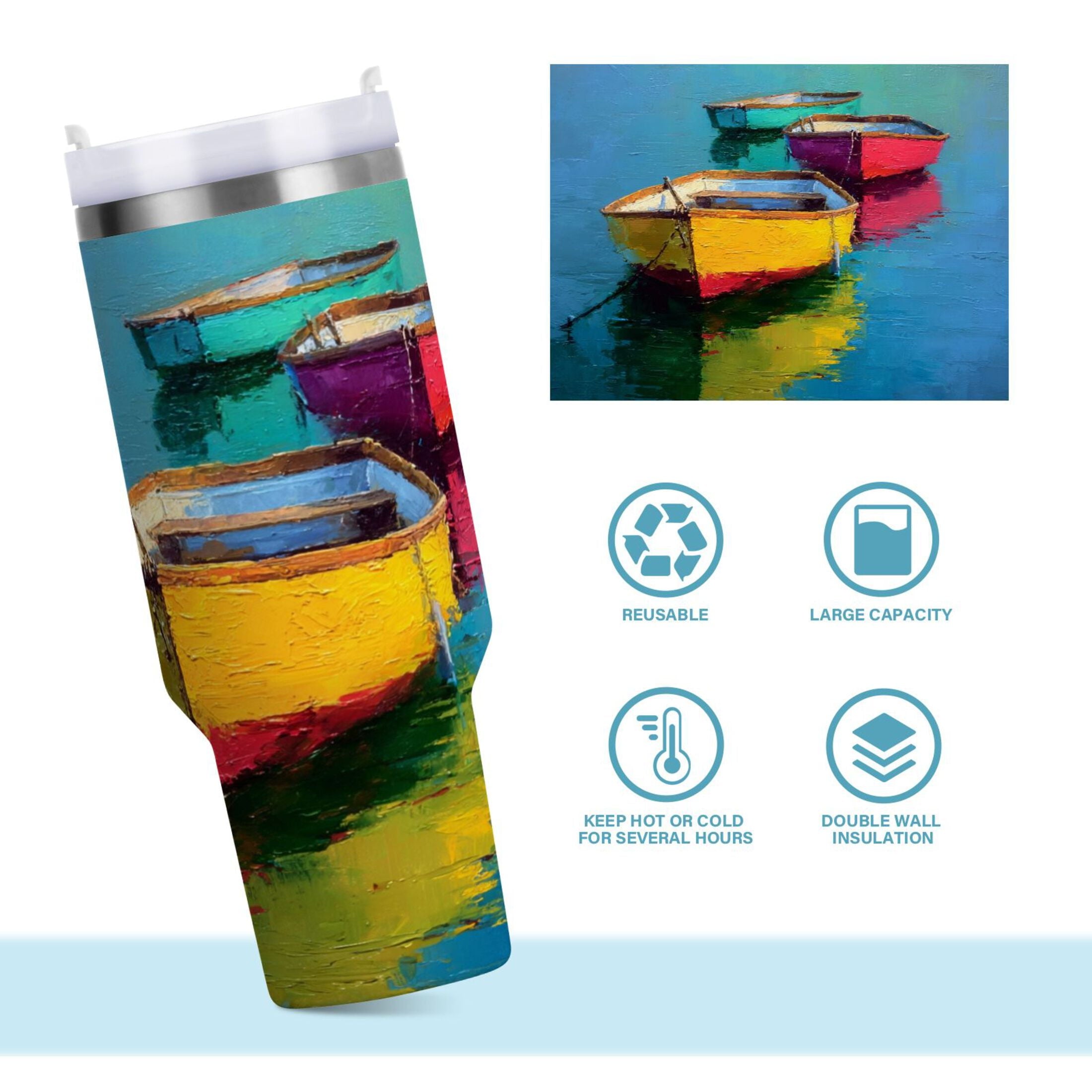 30 oz Insulated Stainless Steel Tumbler Double Wall Stainless Steel Tumbler with 2-Way Drinking Colorful Row Boats C555W