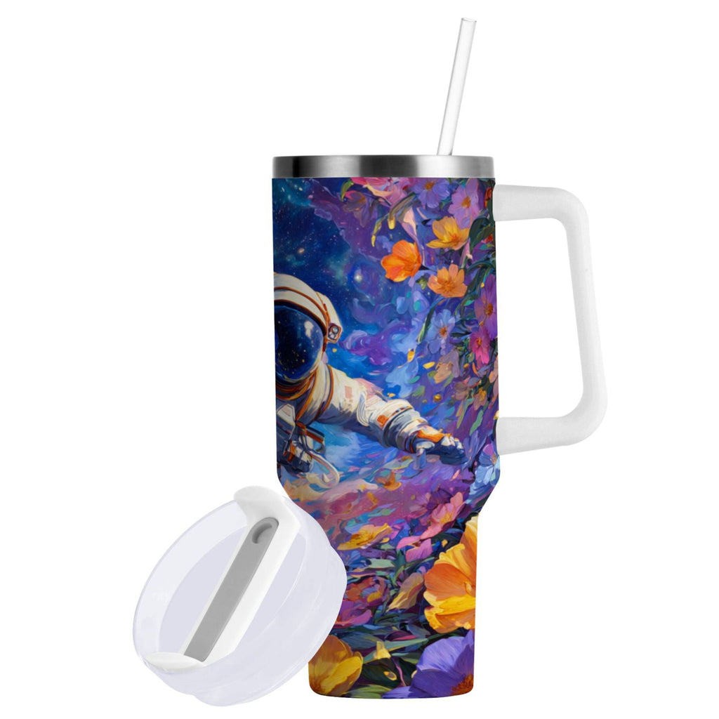 40 oz Insulated Stainless Steel Tumbler Double Wall Stainless Steel Tumbler with 2-Way Drinking Astronaut and Colorful Flowers C562V