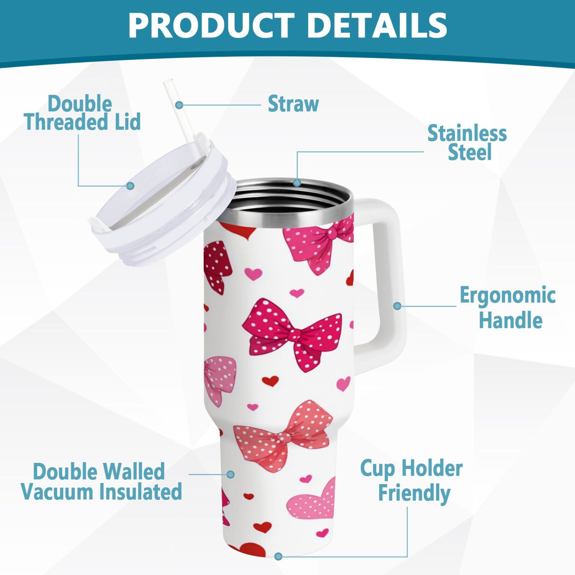 30 oz Insulated Stainless Steel Tumbler Double Wall Stainless Steel Tumbler with 2-Way Drinking Red and Pink Bows C595K