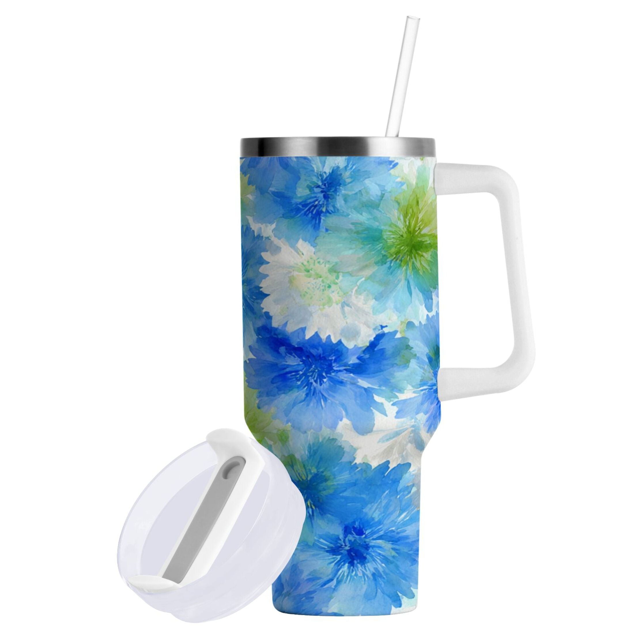 40 oz Insulated Stainless Steel Tumbler Double Wall Stainless Steel Tumbler with 2-Way Drinking Watercolor Blue Cornflowers C567W
