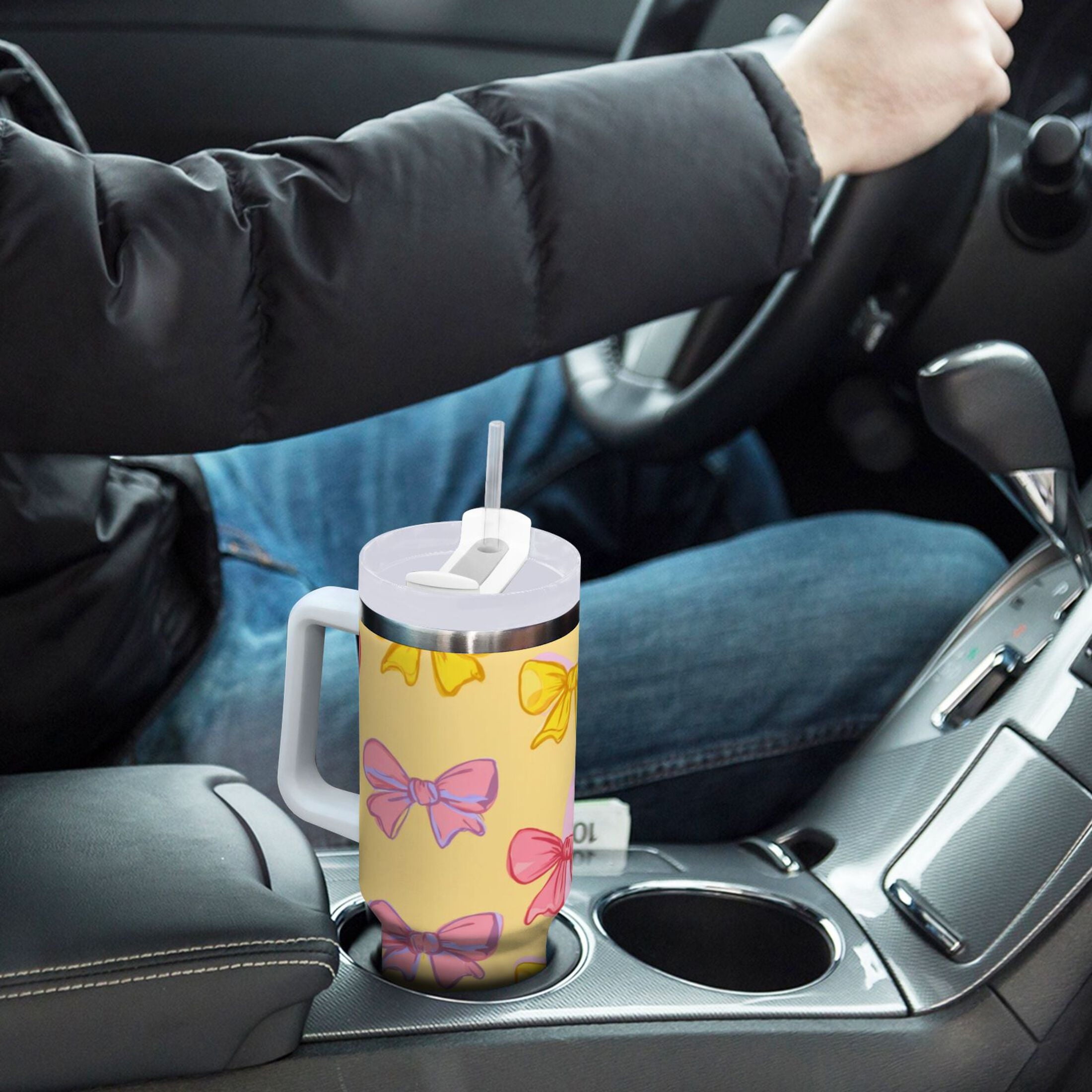 30 oz Insulated Stainless Steel Tumbler Double Wall Stainless Steel Tumbler with 2-Way Drinking Yellow and Pink Bows C566W