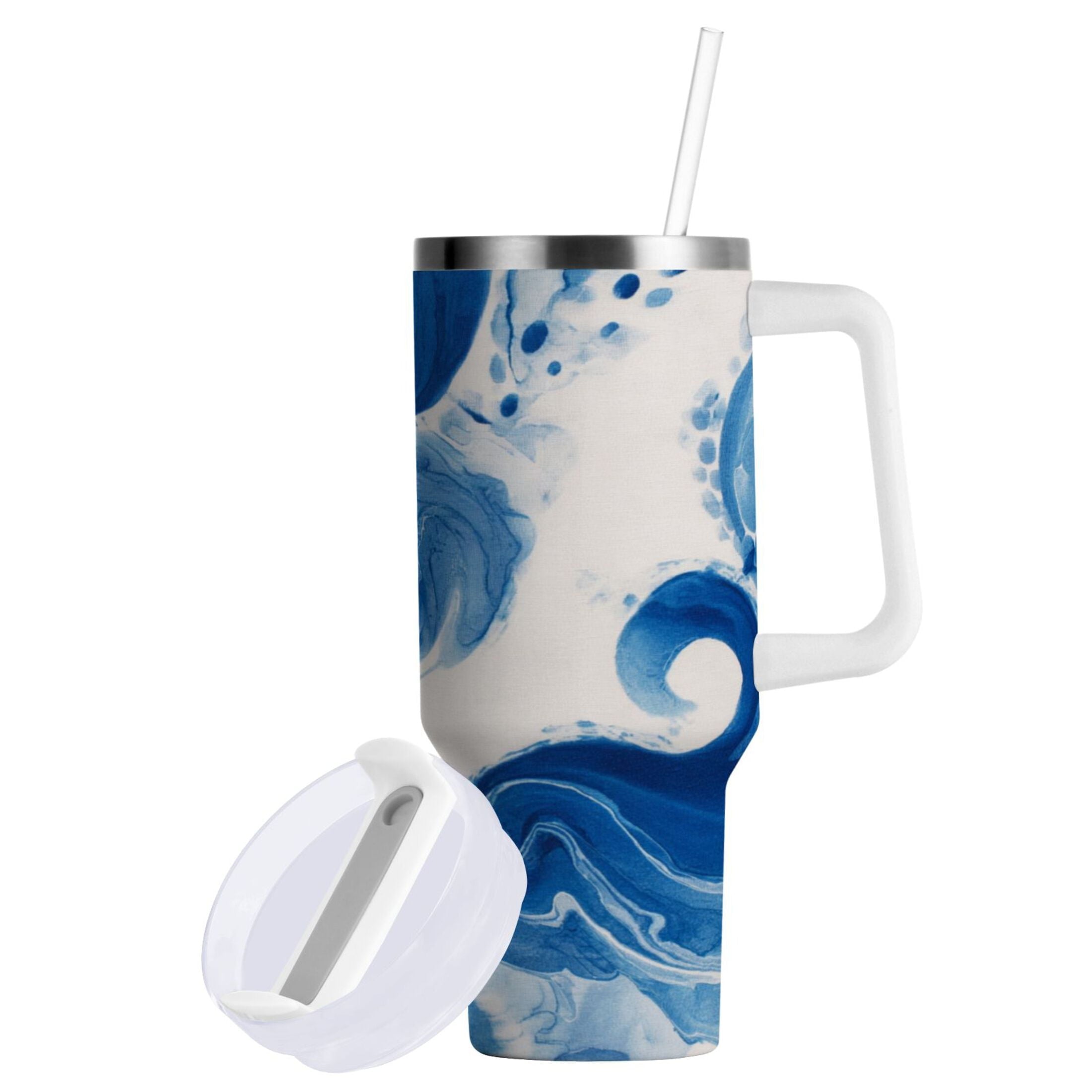 40 oz Insulated Stainless Steel Tumbler Double Wall Stainless Steel Tumbler with 2-Way Drinking Indigo Blue Tie-dye Pattern C632Z