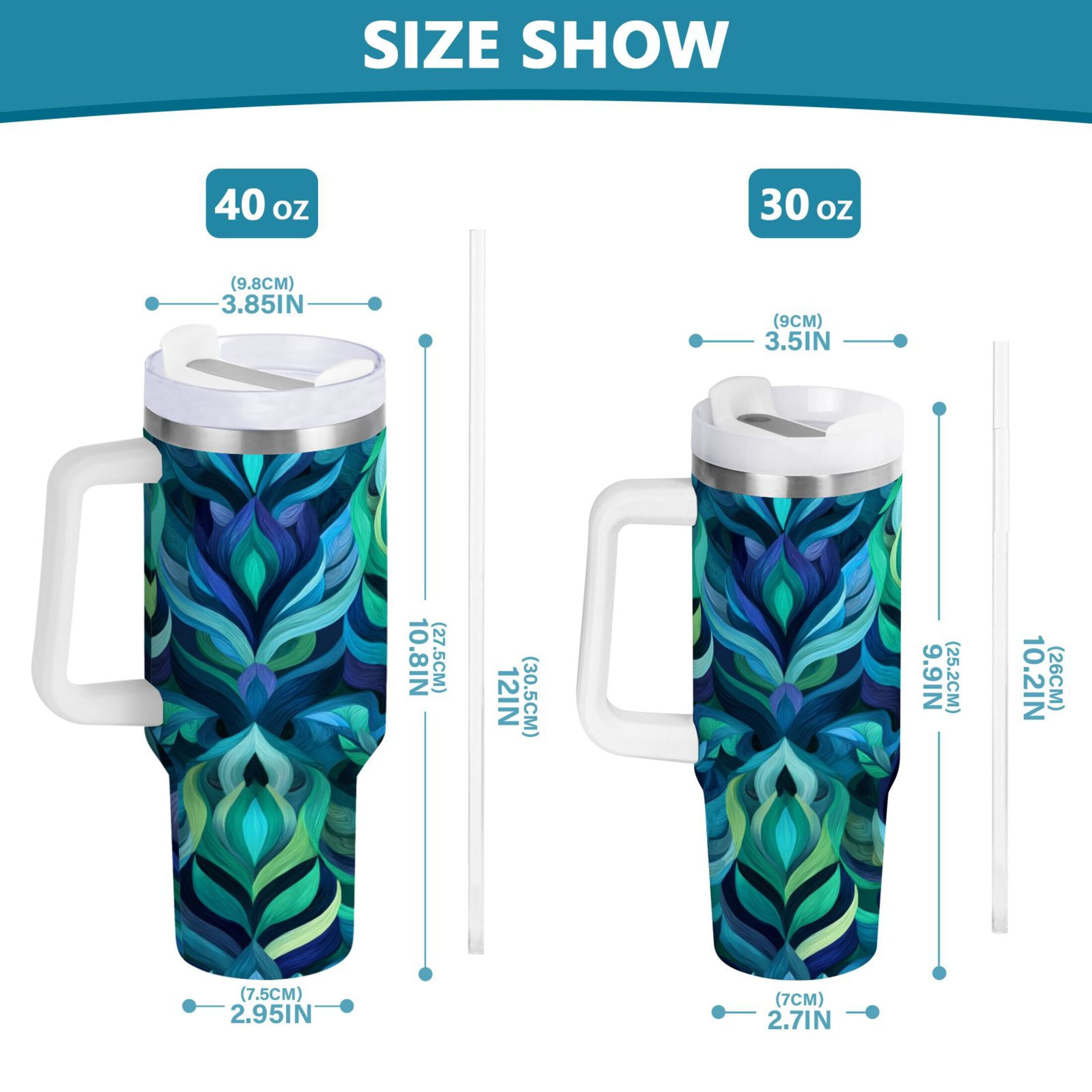 40 oz Insulated Stainless Steel Tumbler Double Wall Stainless Steel Tumbler with 2-Way Drinking Elegant Blue Abstract Shapes C609M