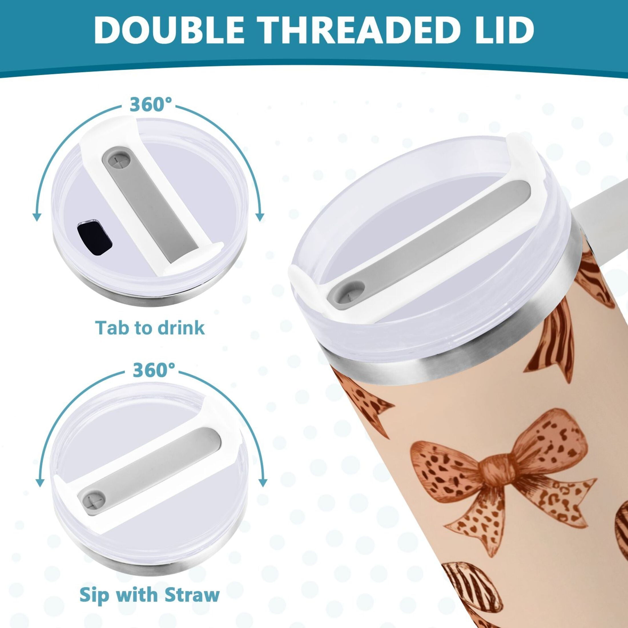 40 oz Insulated Stainless Steel Tumbler Double Wall Stainless Steel Tumbler with 2-Way Drinking Leopard Print Bow C550Y