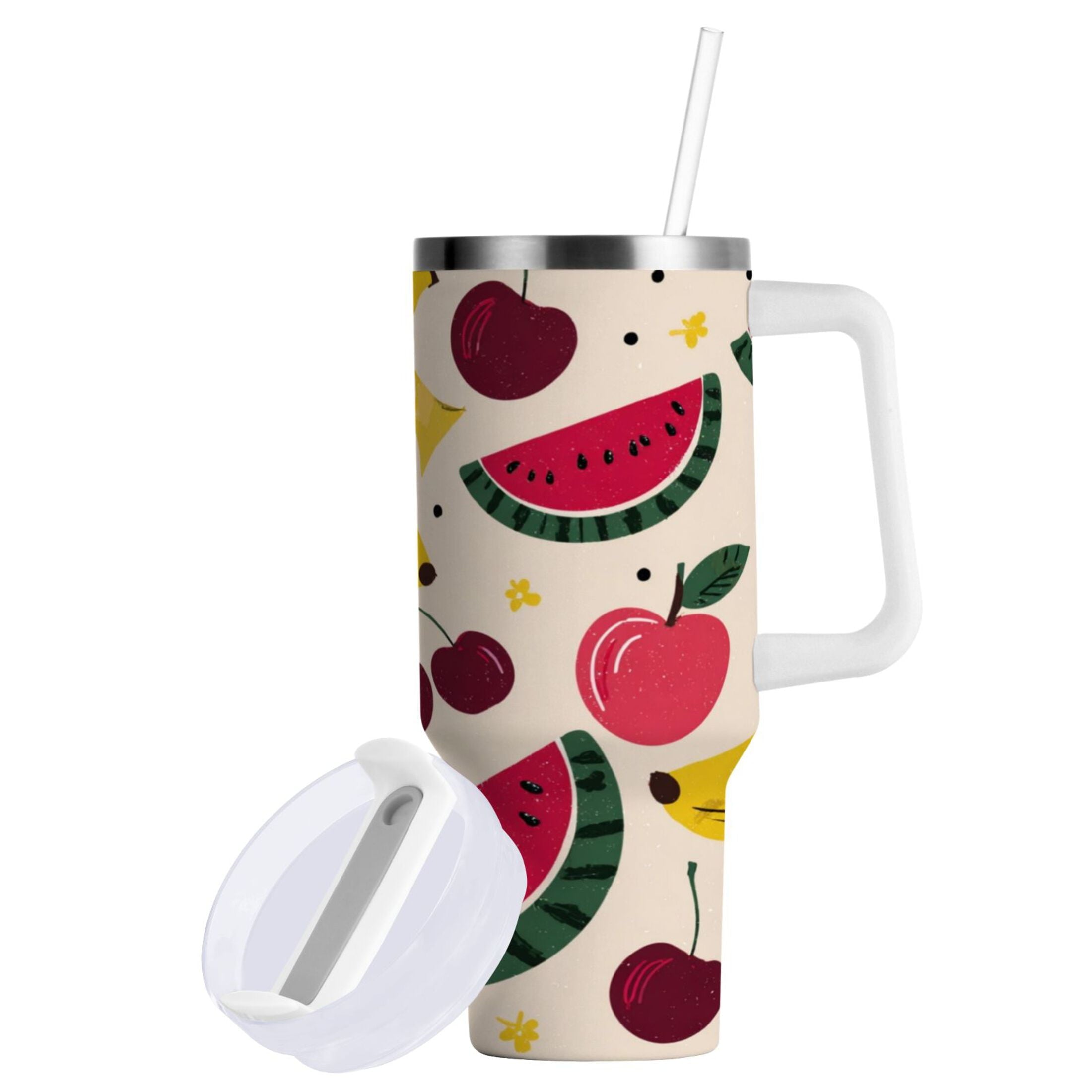 30 oz Insulated Stainless Steel Tumbler Double Wall Stainless Steel Tumbler with 2-Way Drinking Watermelon and Cherries C579V