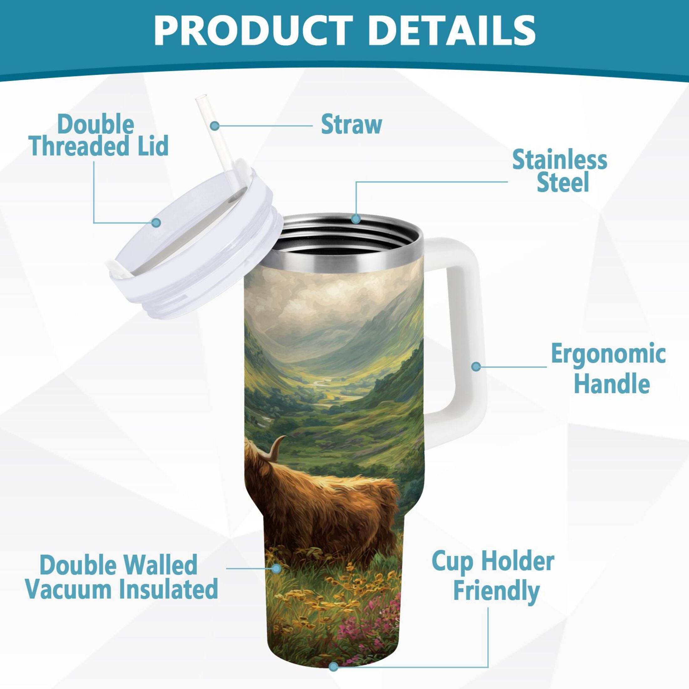 30 oz Insulated Stainless Steel Tumbler Double Wall Stainless Steel Tumbler with 2-Way Drinking Cow in Green Rolling Hills C586U