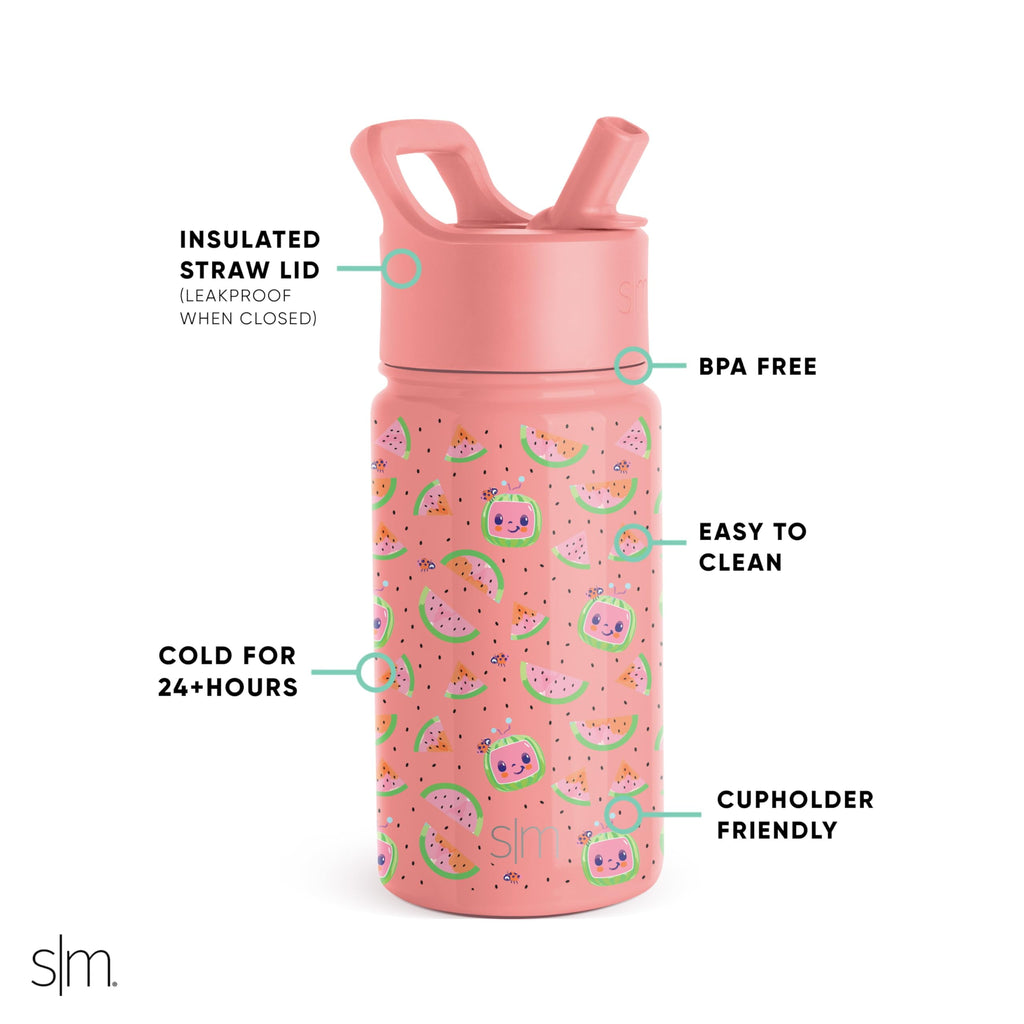 Simple Modern CoComelon Kids Water Bottle with Straw Lid | Insulated Stainless Steel Reusable Tumbler for Toddlers, Girls | Summit Collection | 14oz, CoComelon Pink Melon C688J