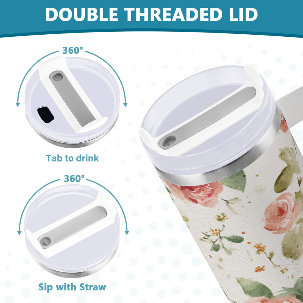 40 oz Insulated Stainless Steel Tumbler Double Wall Stainless Steel Tumbler with 2-Way Drinking Watercolor Rose Floral Pattern C499N