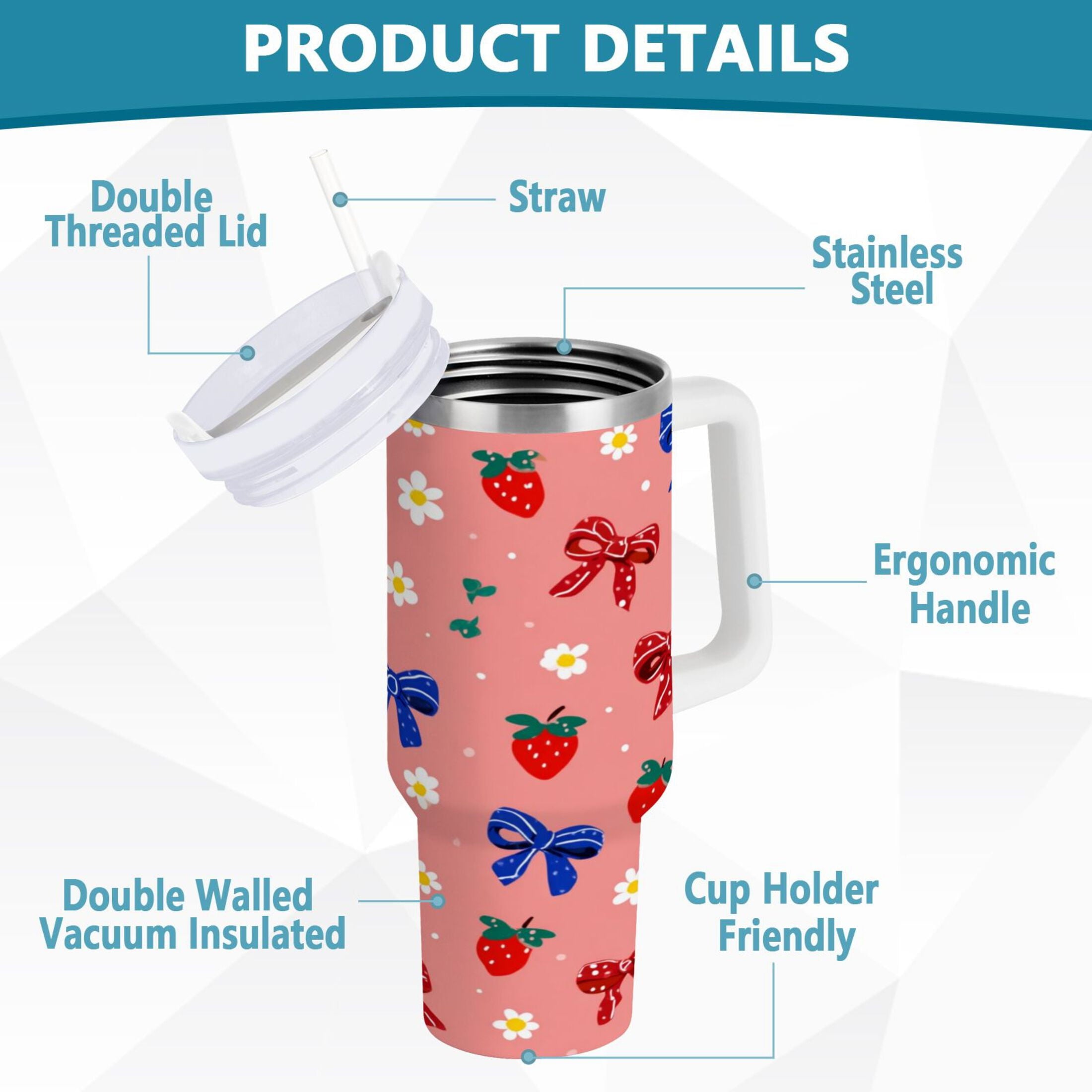40 oz Insulated Stainless Steel Tumbler Double Wall Stainless Steel Tumbler with 2-Way Drinking Bows and Strawberries Pattern C511C